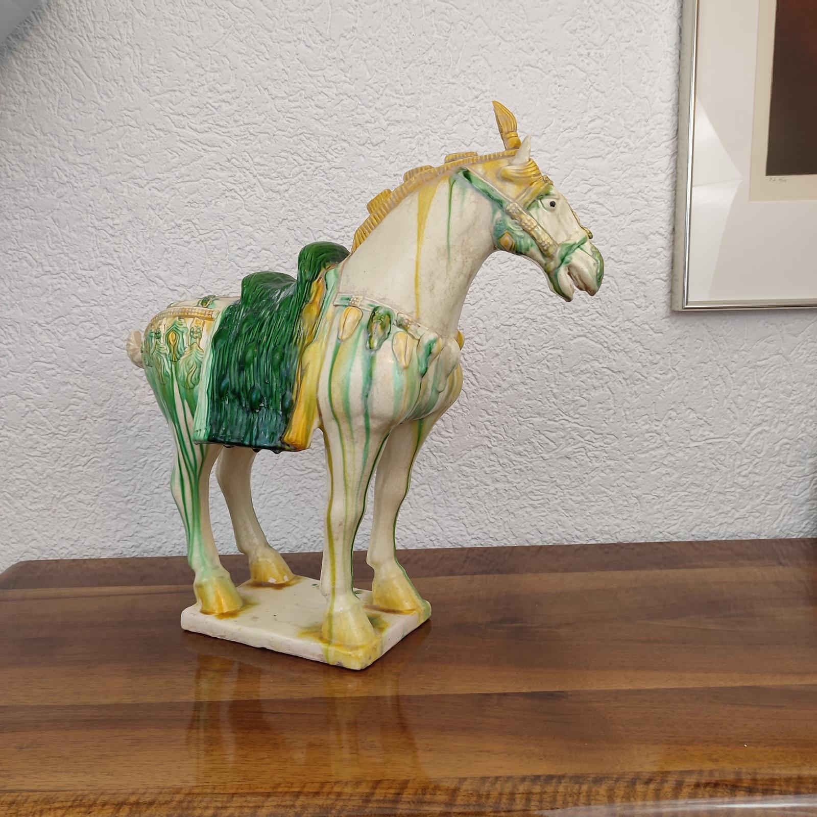 20th Century Large SanCai Glazed Pottery Horse Statue Chinese Tang Dynasty Style For Sale