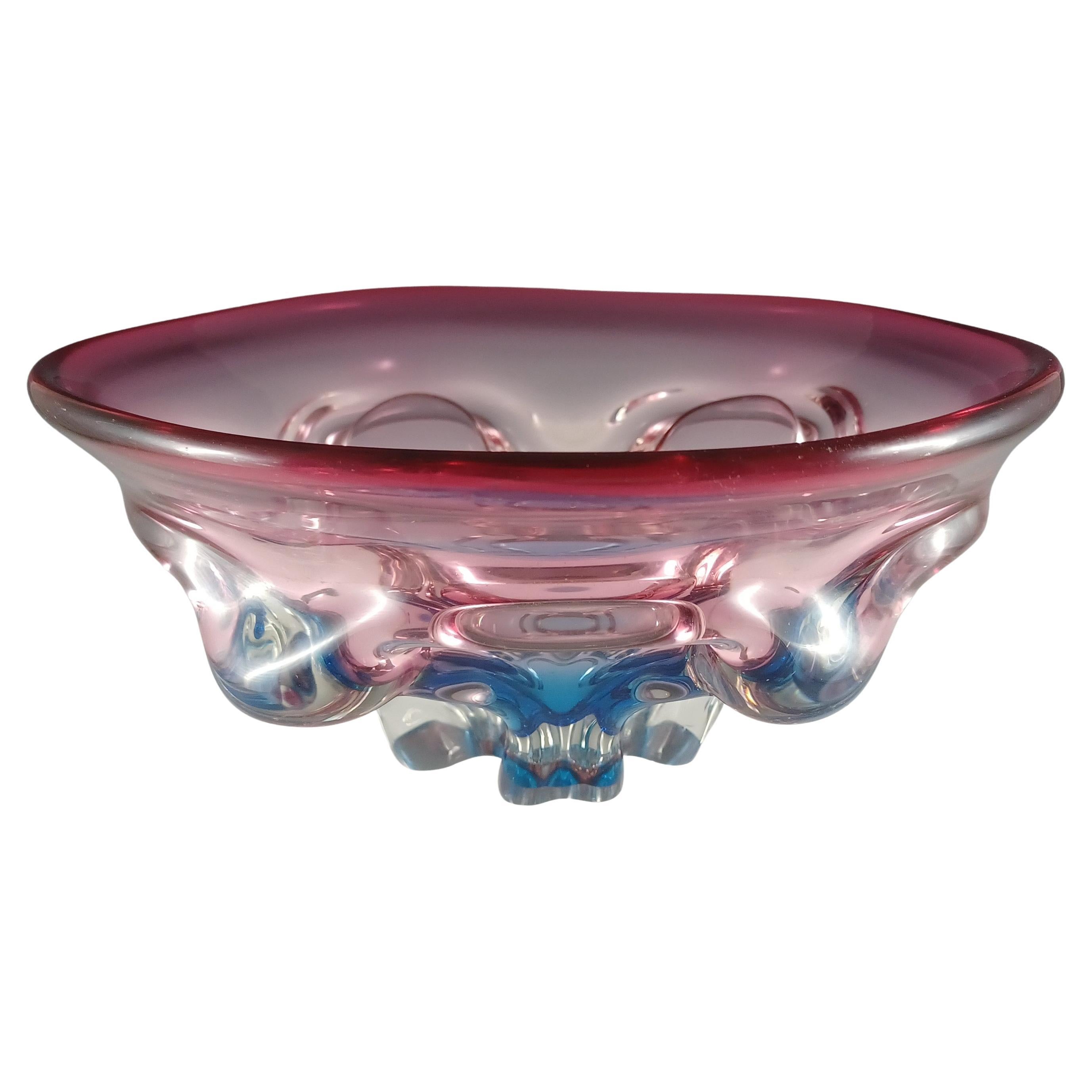 GRAN Tazón vintage japonés Sanyu de cristal rosa y azul con asas