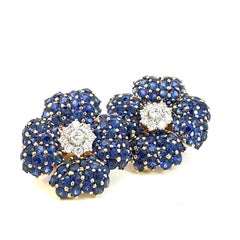 Large Sapphire and Diamond Clover Earrings in 18 Karat White & Yellow Gold