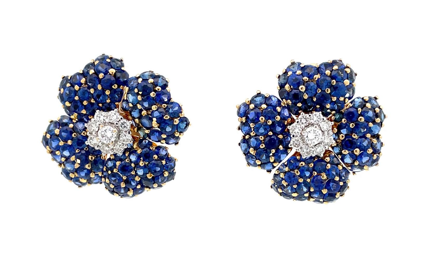 Round Cut Large Sapphire and Diamond Clover Earrings in 18 Karat White & Yellow Gold For Sale