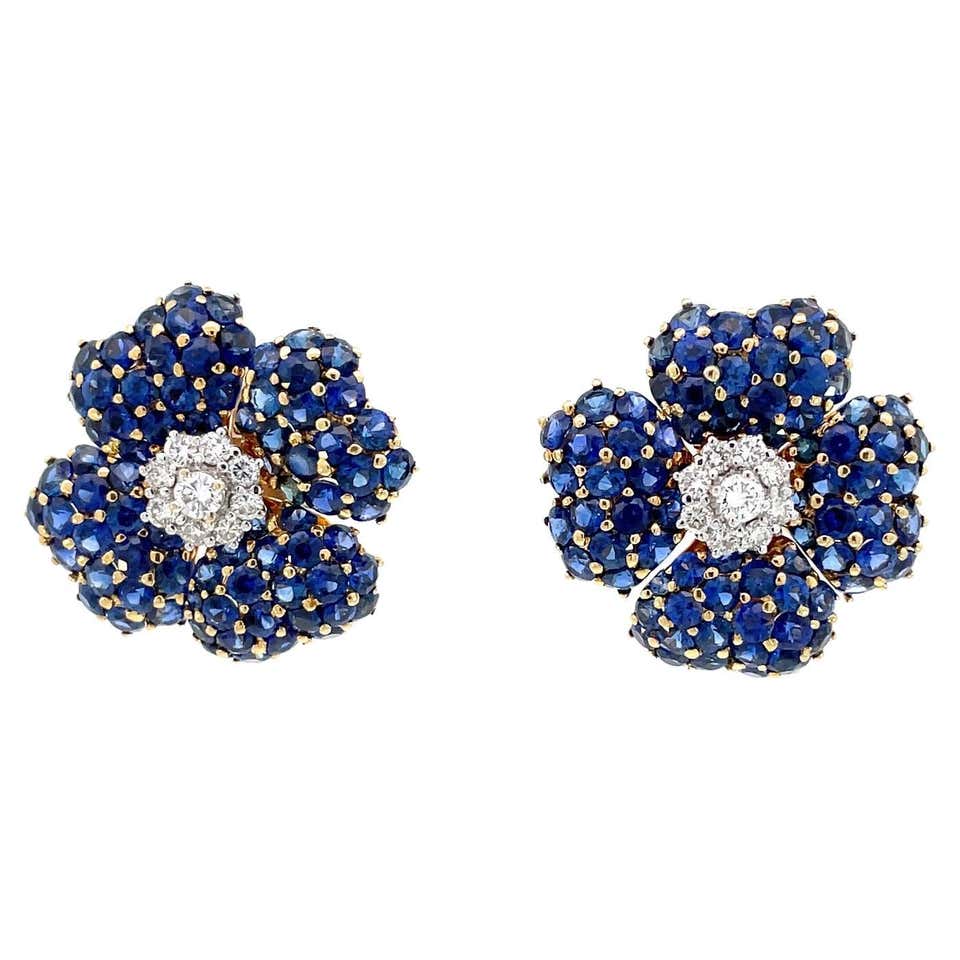 Blue Sapphire and Diamond Puff Cushion Shape Earring in 18 Karat White ...