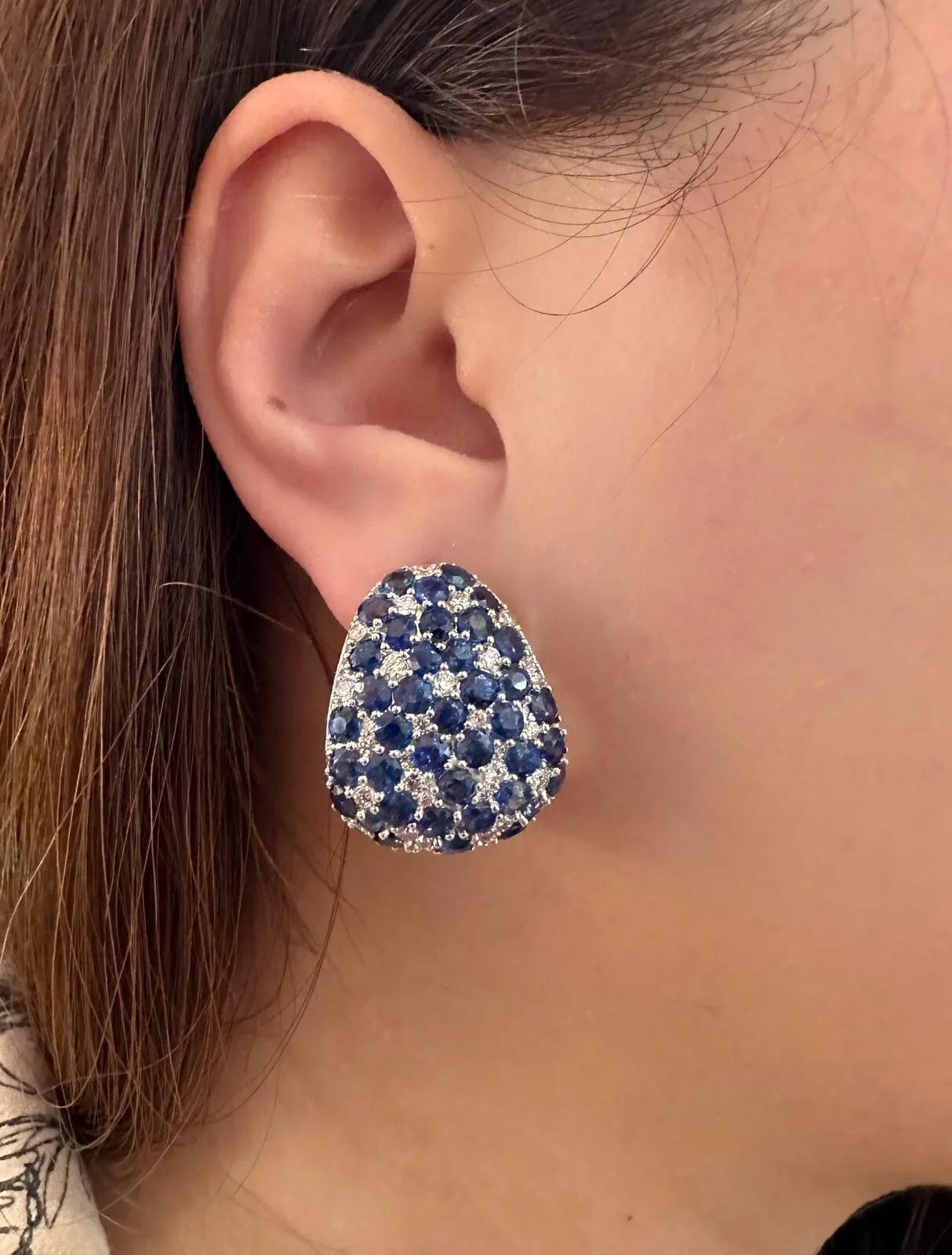 Round Cut Large Sapphire and Diamond Half-hoop Earrings in 18k White Gold For Sale