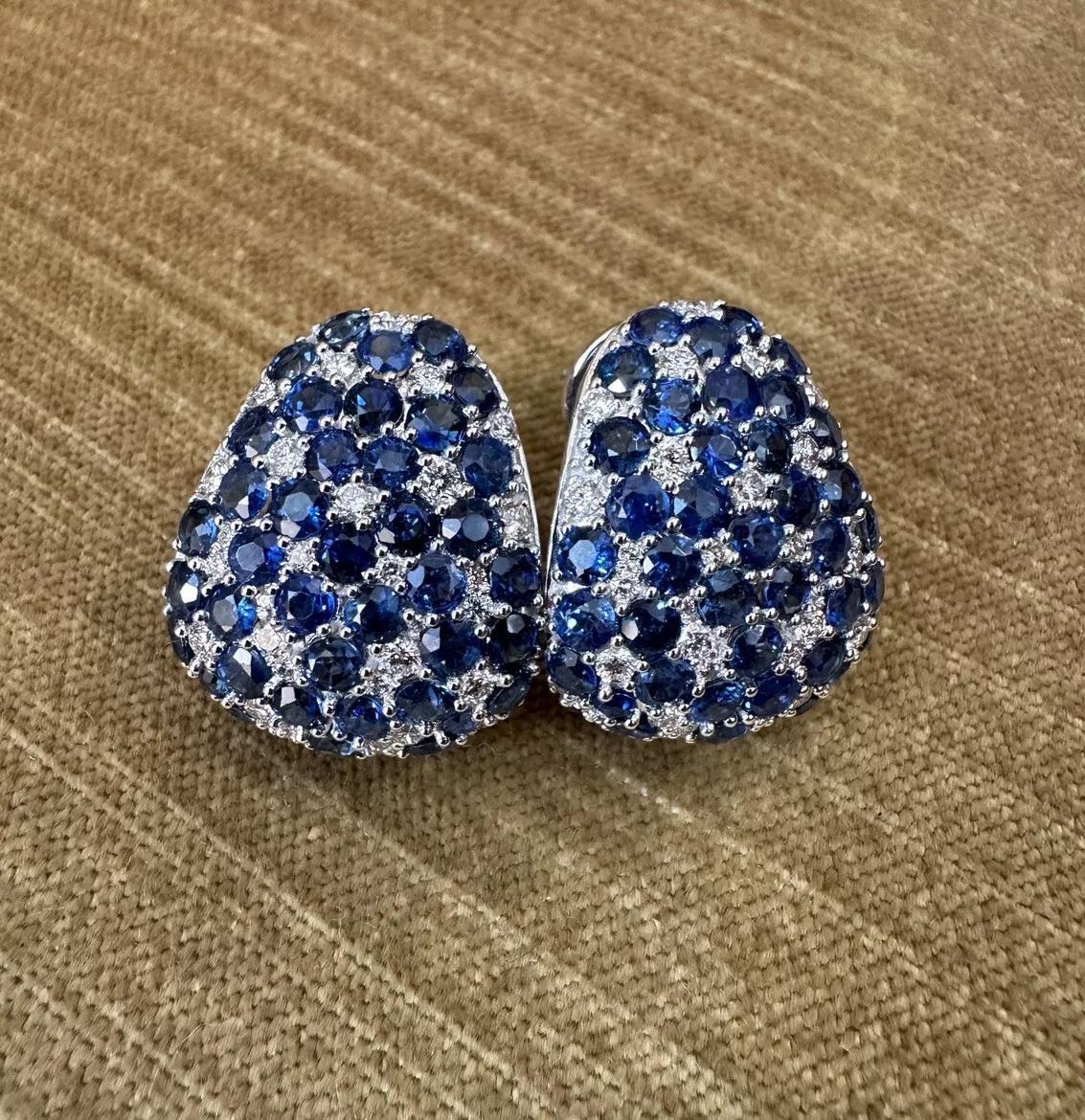 Large Sapphire and Diamond Half-hoop Earrings in 18k White Gold For Sale 1
