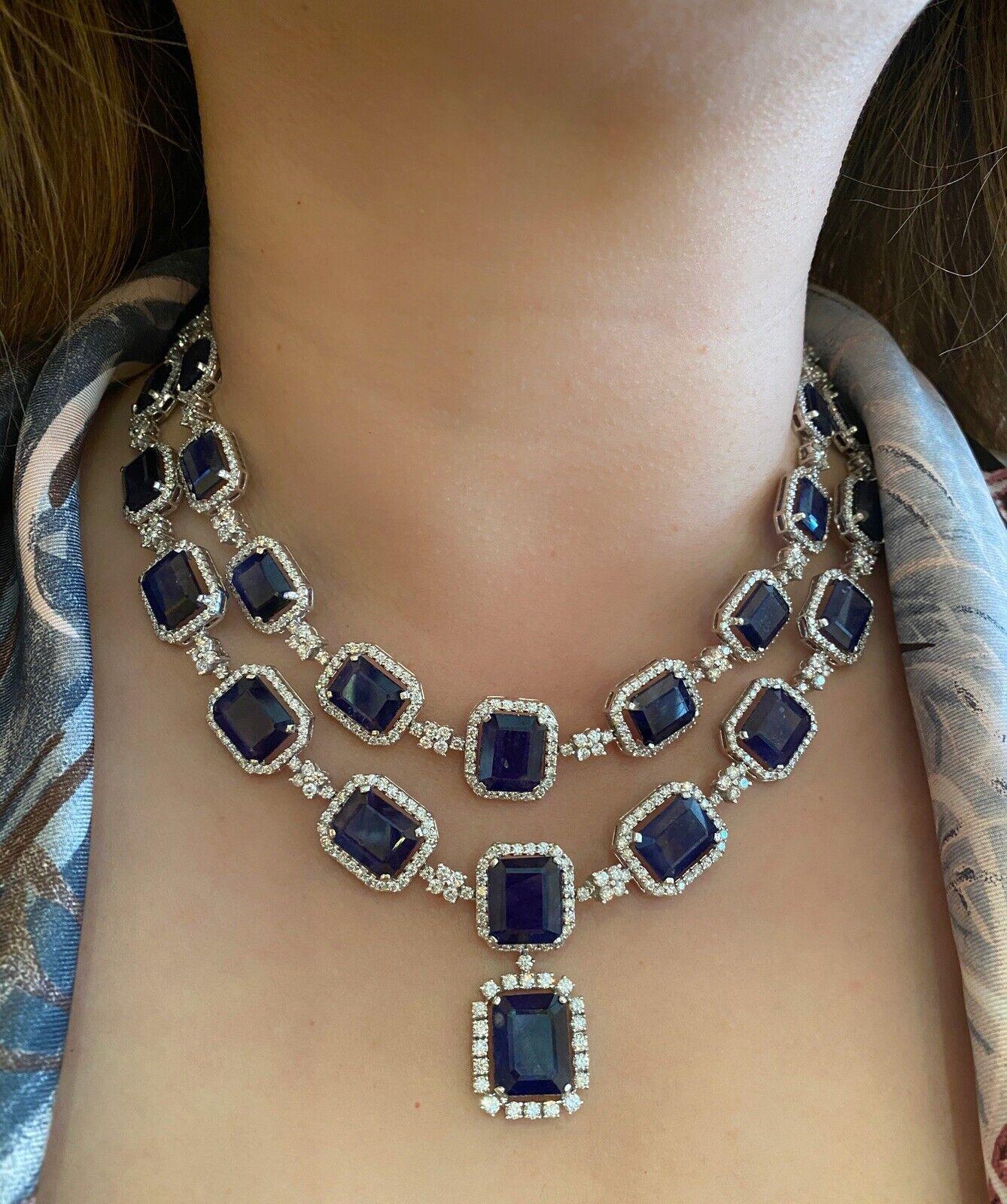 Women's or Men's Large Sapphire and Diamond Necklace and Earring Suite in 18k White Gold