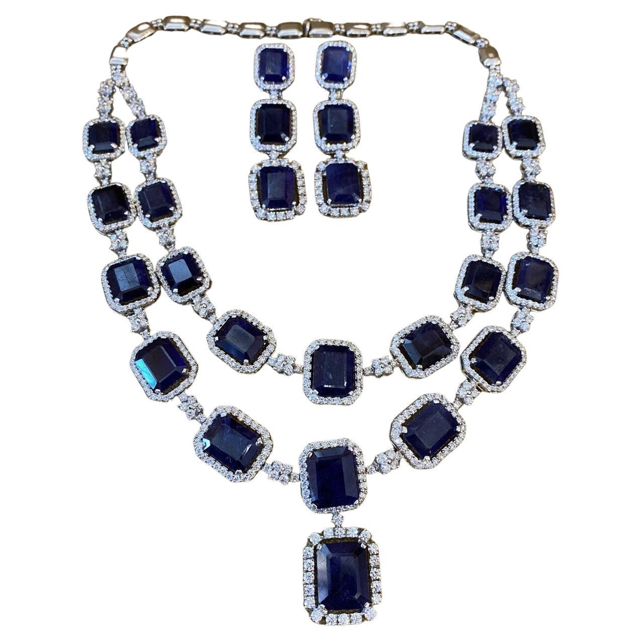 Large Sapphire and Diamond Necklace and Earring Suite in 18k White Gold