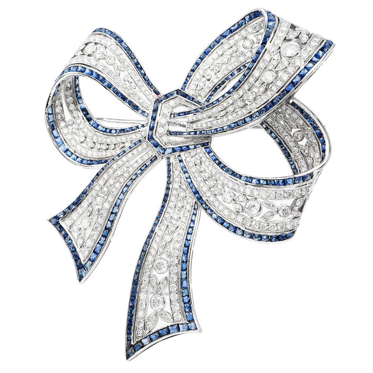 Large Sapphire Diamond Platinum Elegant Ribbon Pin Brooch at 1stDibs
