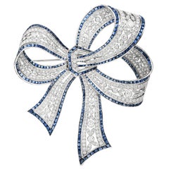 Large Sapphire Diamond Platinum Elegant Ribbon Pin Brooch
