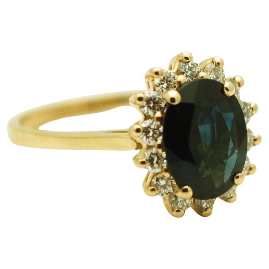 Large Sapphire Diamond ring 18KT yellow gold Halo engagement ring 2ct sapphire