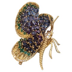 Large Sapphire, Emerald, and Diamond Butterfly Pin in 18k Yellow Gold