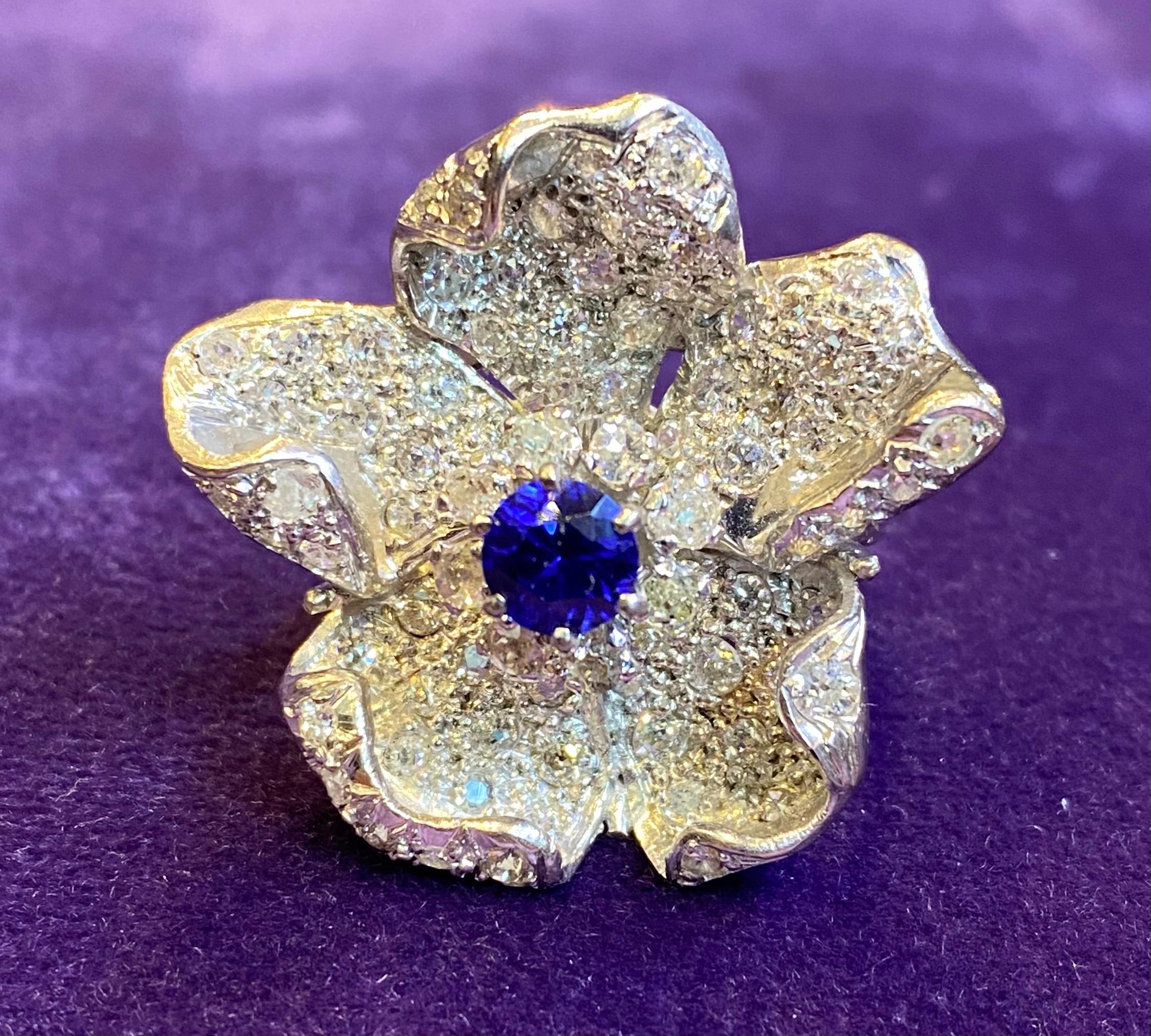 Round Cut Large Sapphire & Pave Diamond Flower Cocktail Ring For Sale