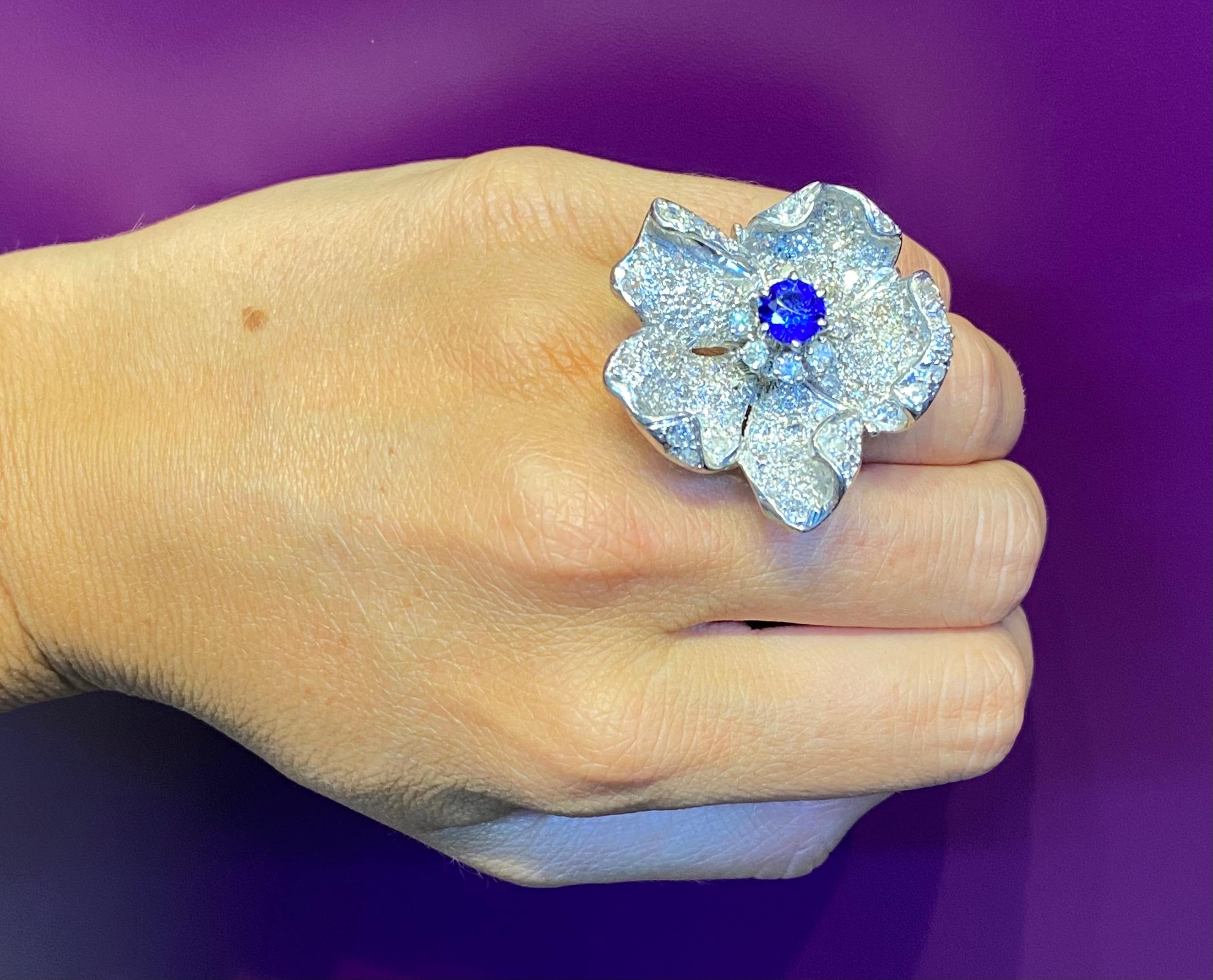 Large Sapphire & Pave Diamond Flower Cocktail Ring In Excellent Condition For Sale In New York, NY