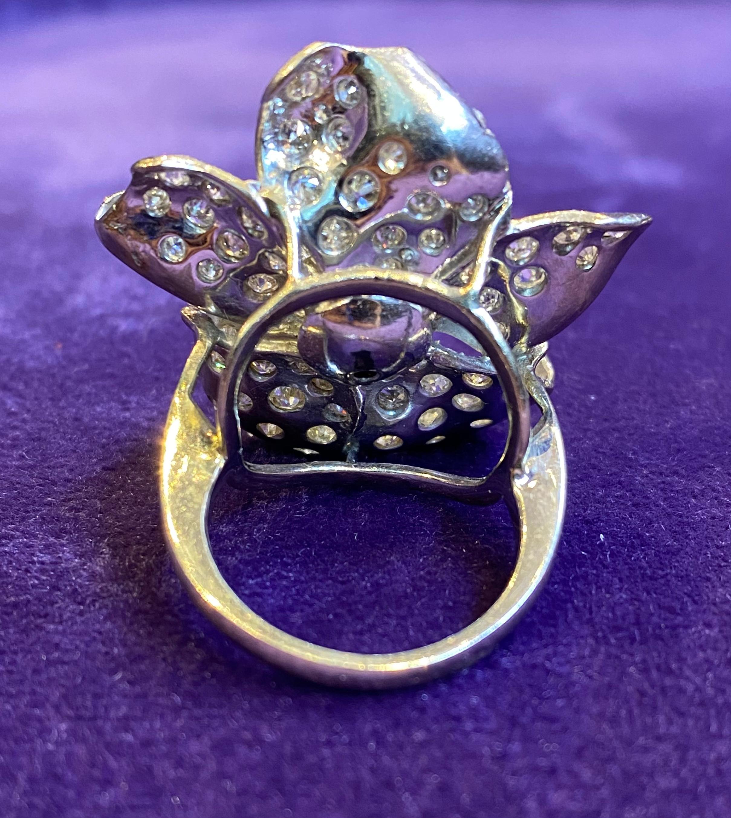 Large Sapphire & Pave Diamond Flower Cocktail Ring For Sale 1