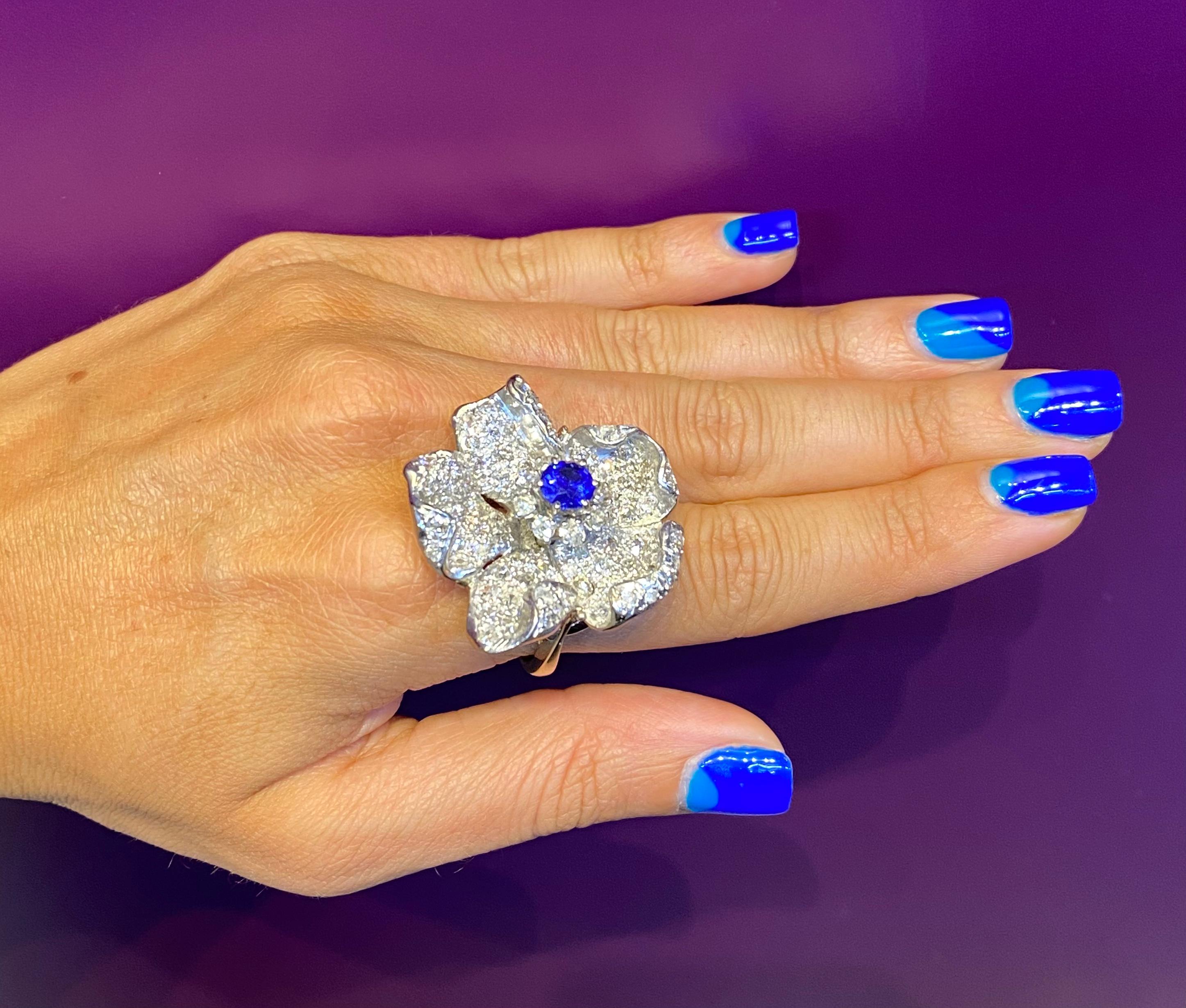 Large Sapphire & Pave Diamond Flower Cocktail Ring For Sale 2