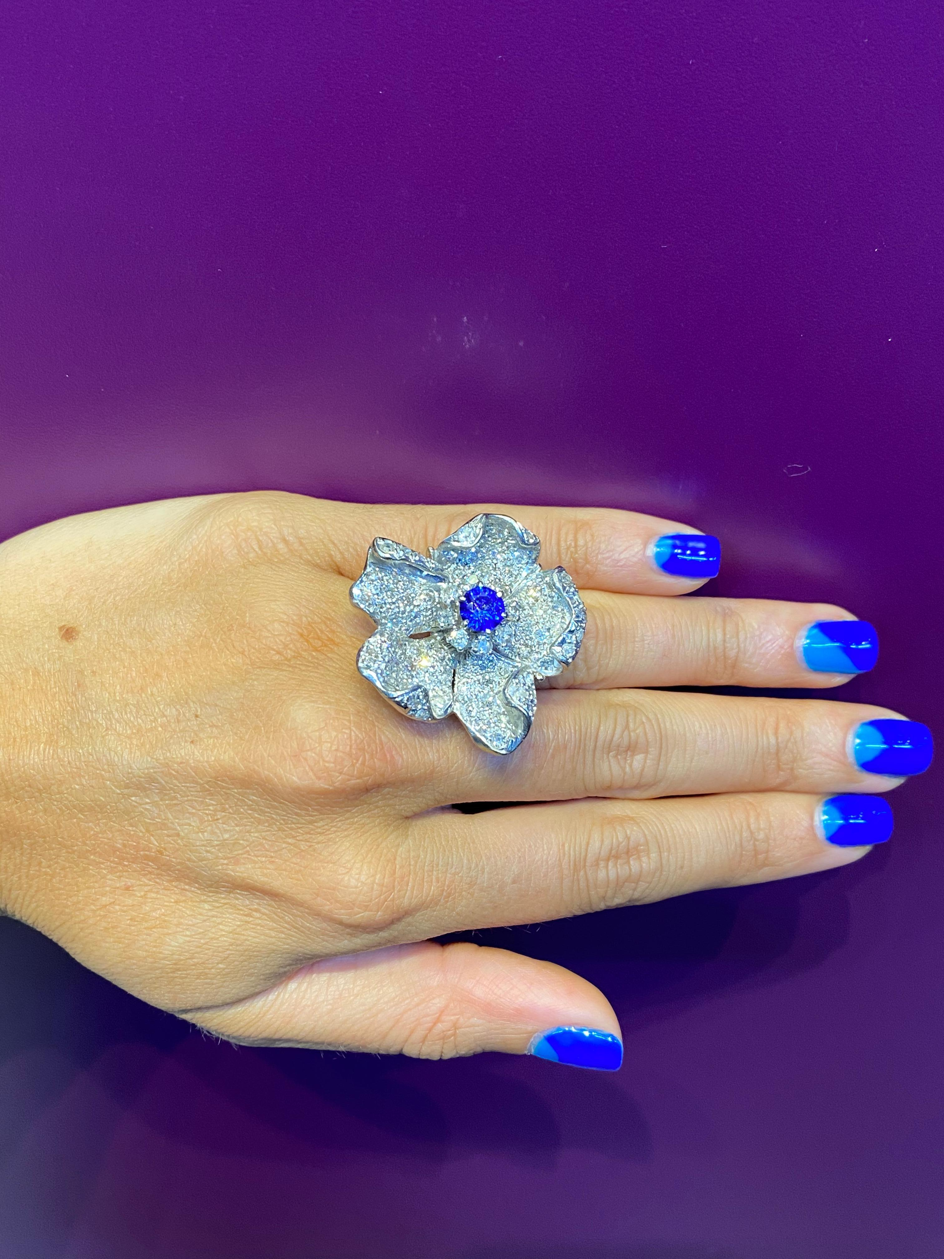Large Sapphire & Pave Diamond Flower Cocktail Ring For Sale 3