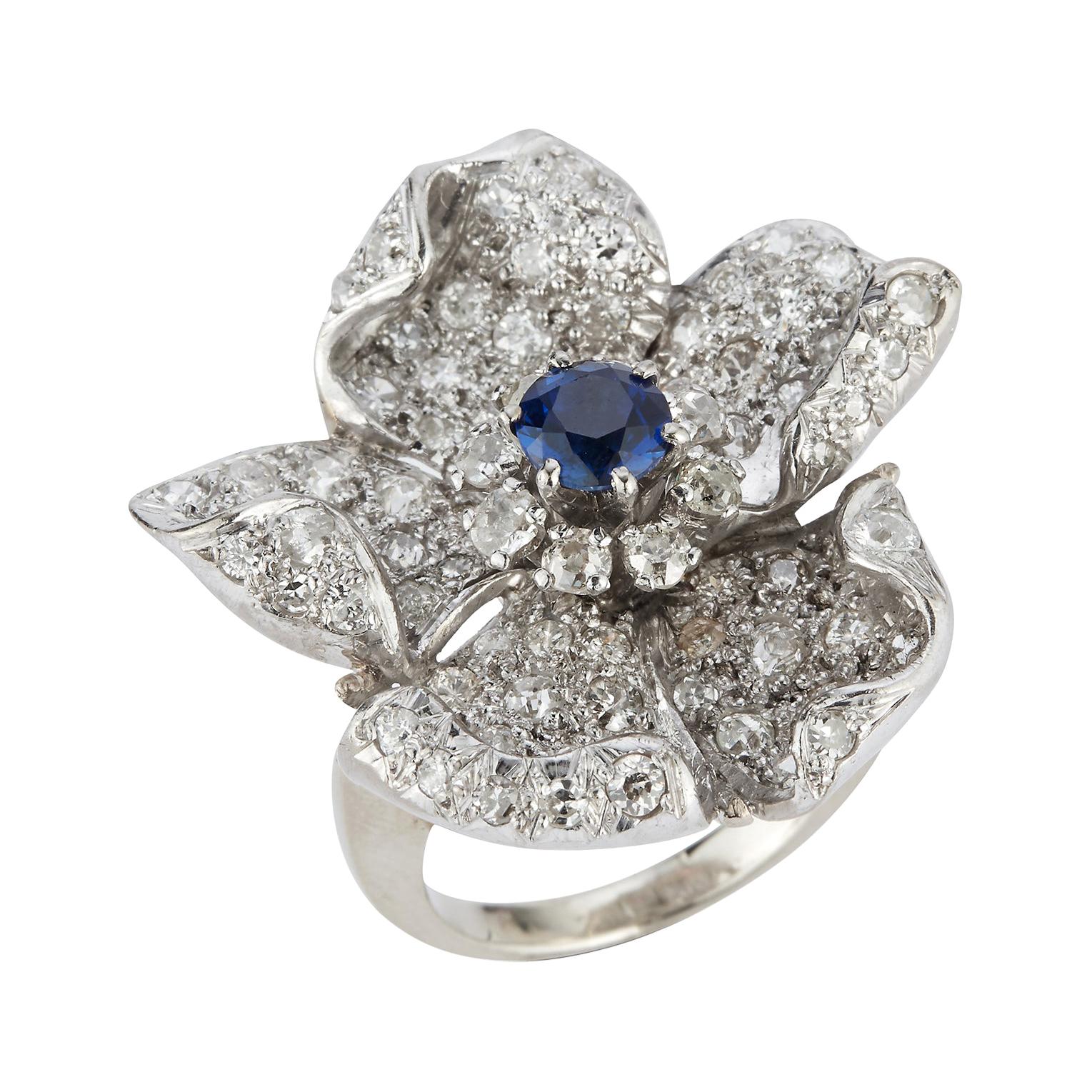 Large Sapphire & Pave Diamond Flower Cocktail Ring For Sale