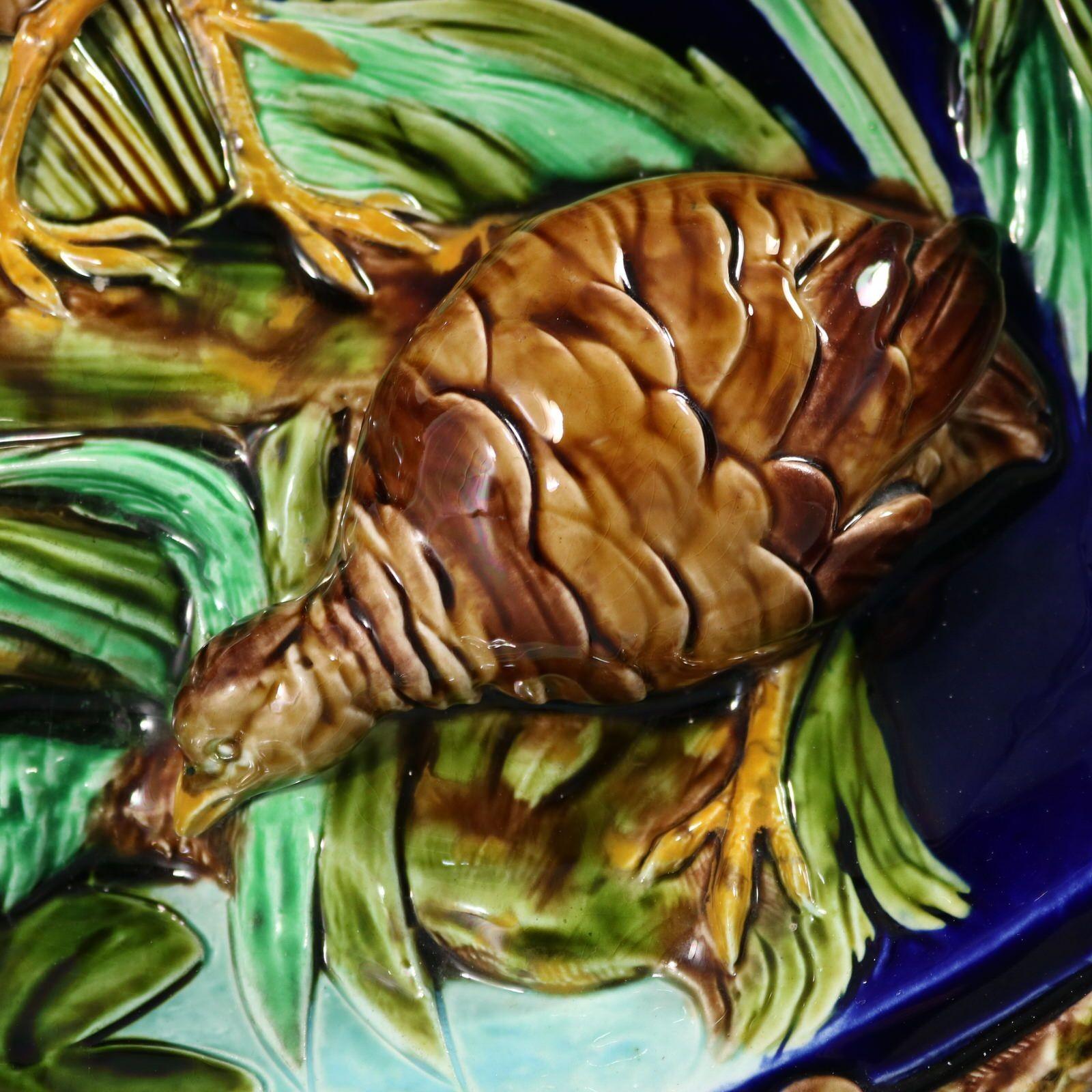 French Large Sarreguemines Majolica Partridges Wall Plaque For Sale