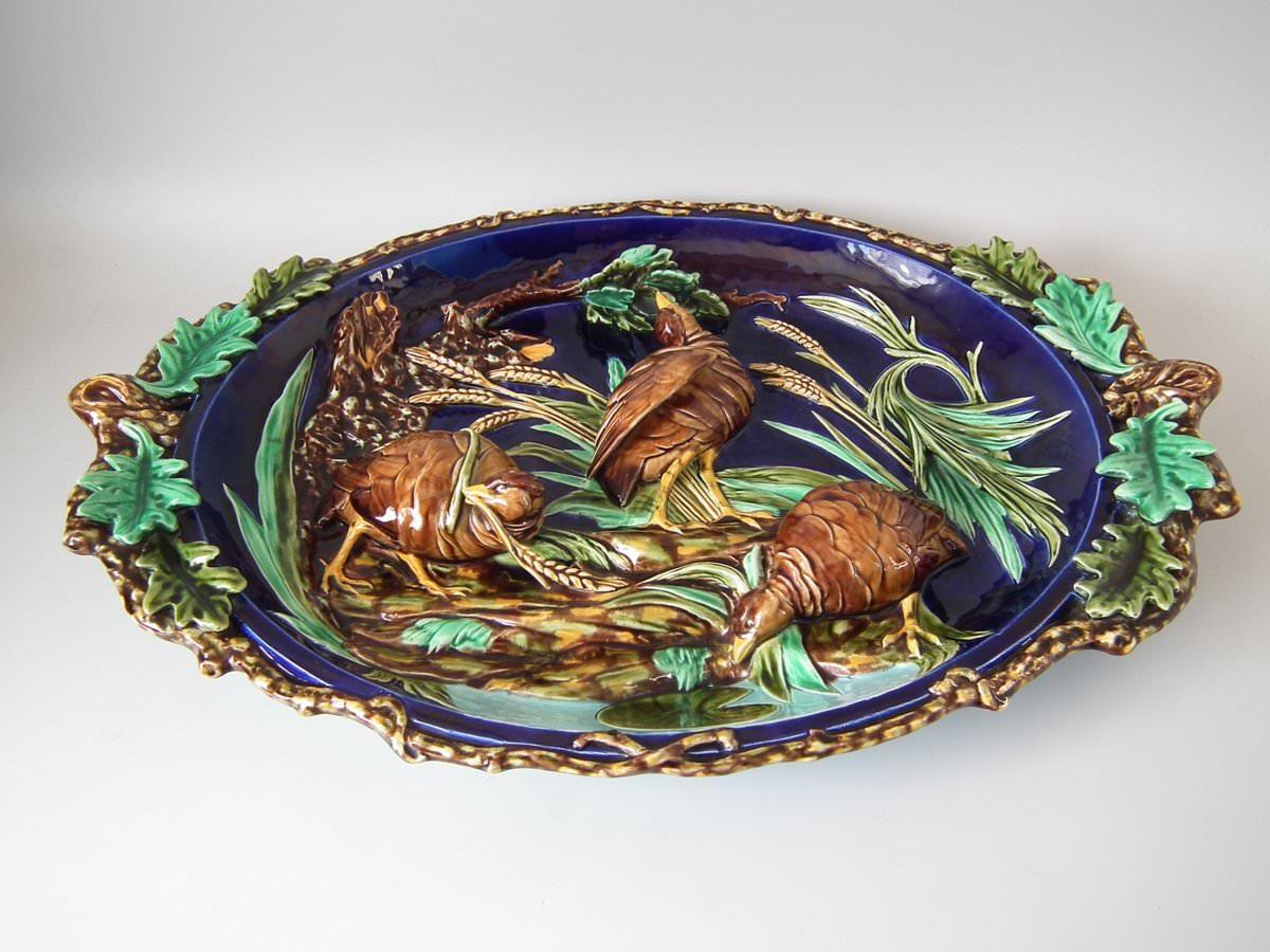 French Large Sarreguemines Majolica Partridges Wall Plaque
