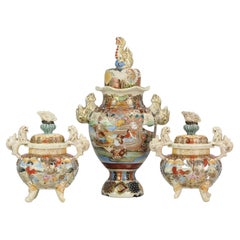 Large Satsuma Used Garniture Japanese Colorfull Vases Japan, 1900-1930