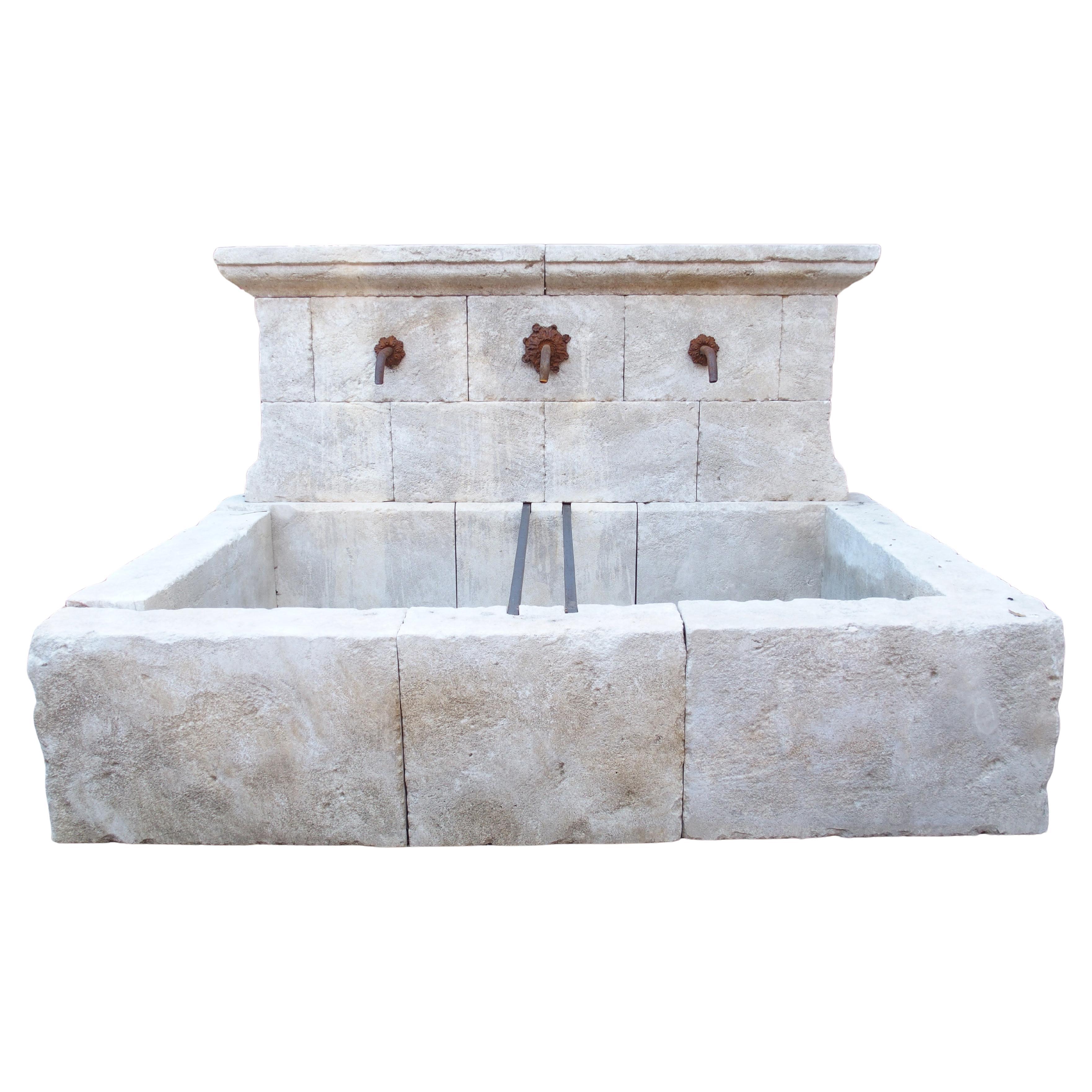 Large Sault Triple Spout Limestone Wall Fountain from Provence, France