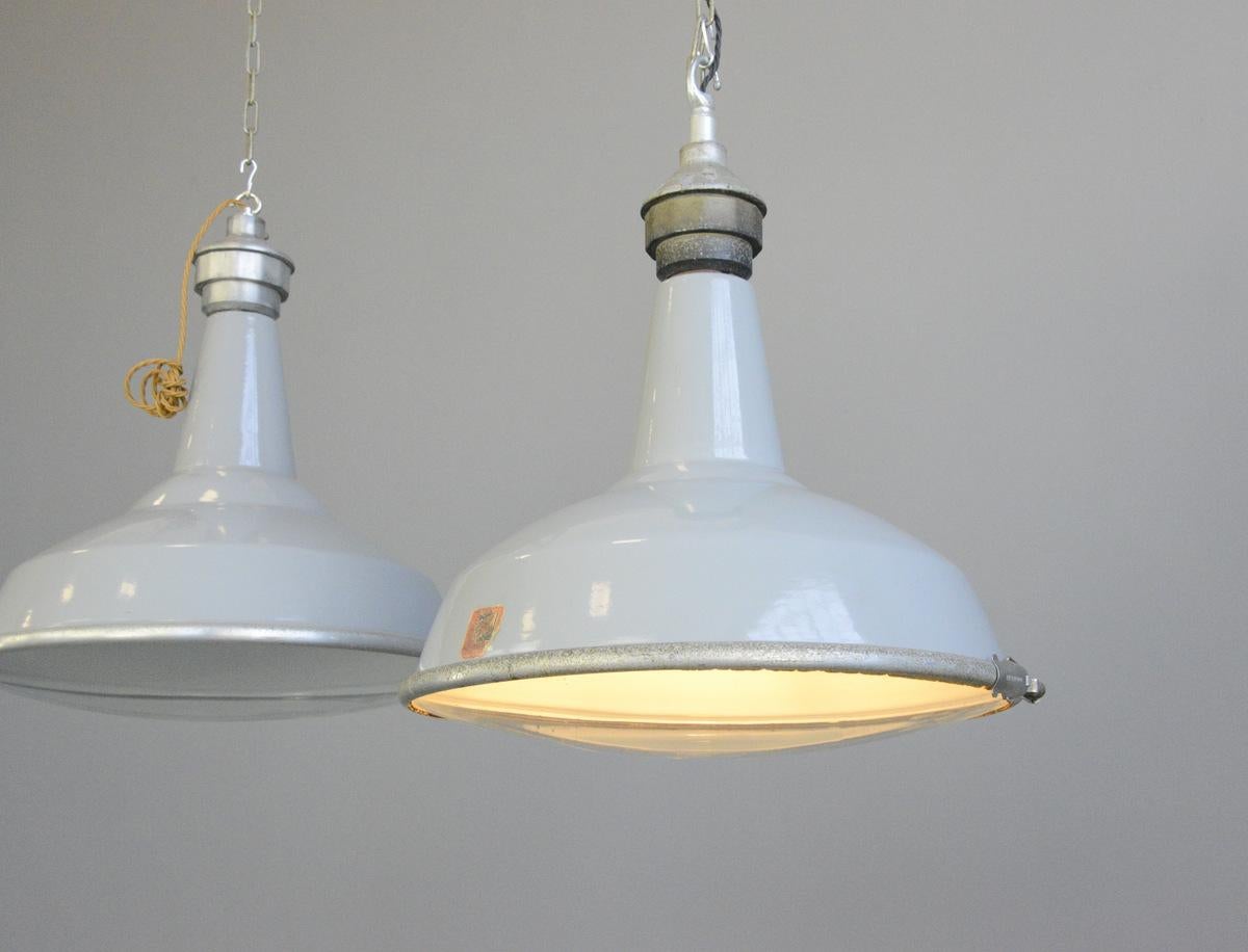 Large saw mill lights by Benjamin, circa 1950s

- Price is per light (10 available)
- Vitreous grey enamel shades
- Domed glass reflectors
- Aluminium tops
- Takes E27 fitting bulbs
- Comes with 100cm of gold twist cable
- Comes with