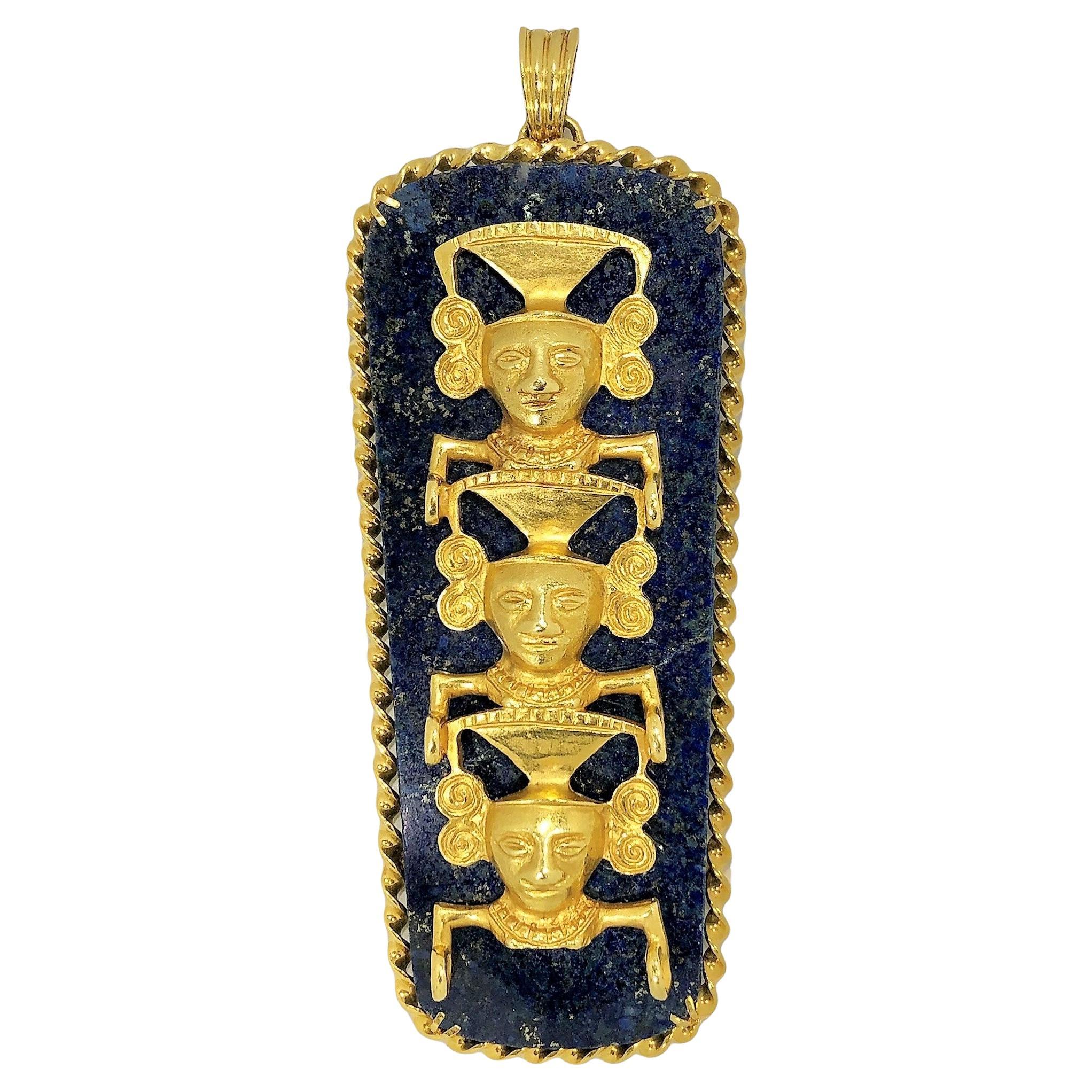 Large Scale 18K Lapis Lazuli Pendant with Mayan Totem Motif For Sale