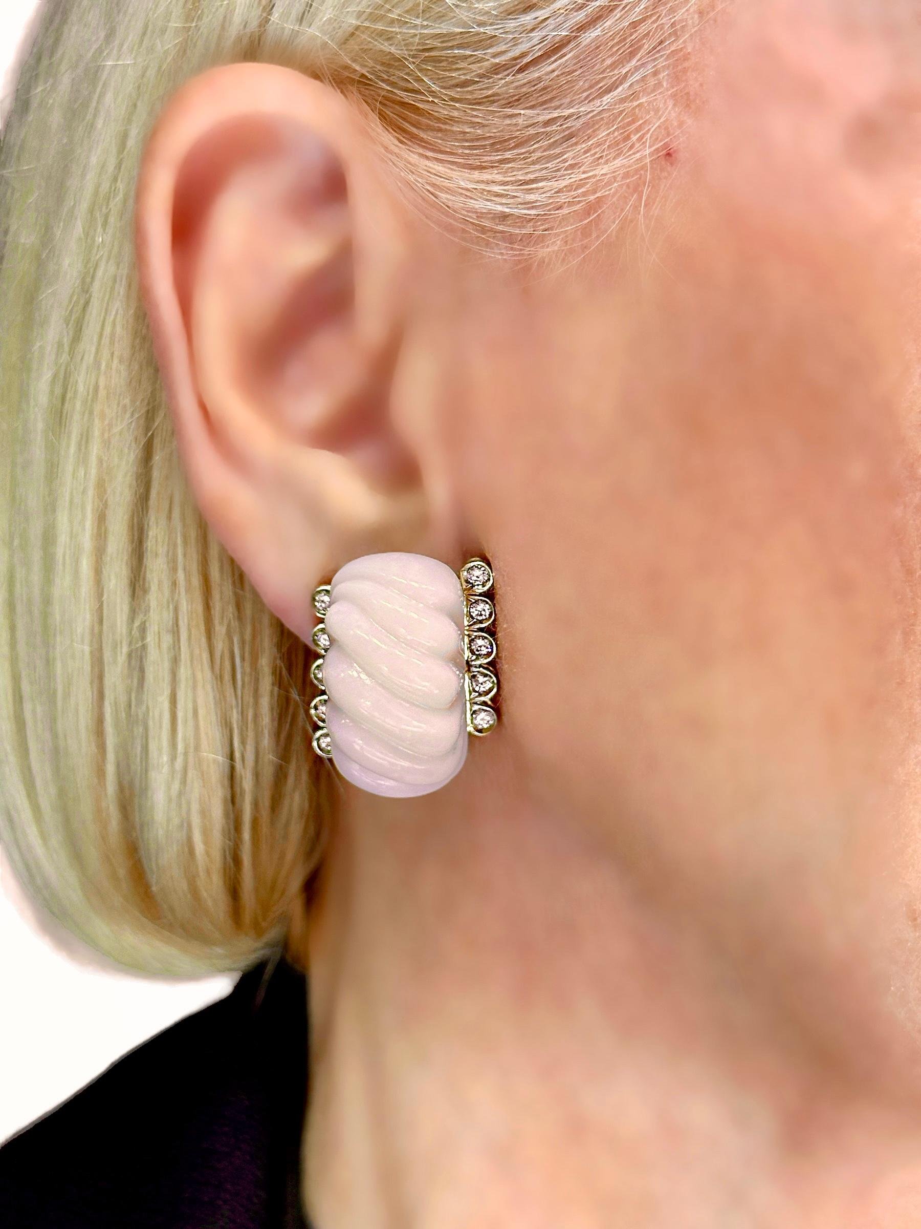 Large Scale 18k Yellow Gold Angel Skin Coral and Diamond Earrings by Emis Beros 5
