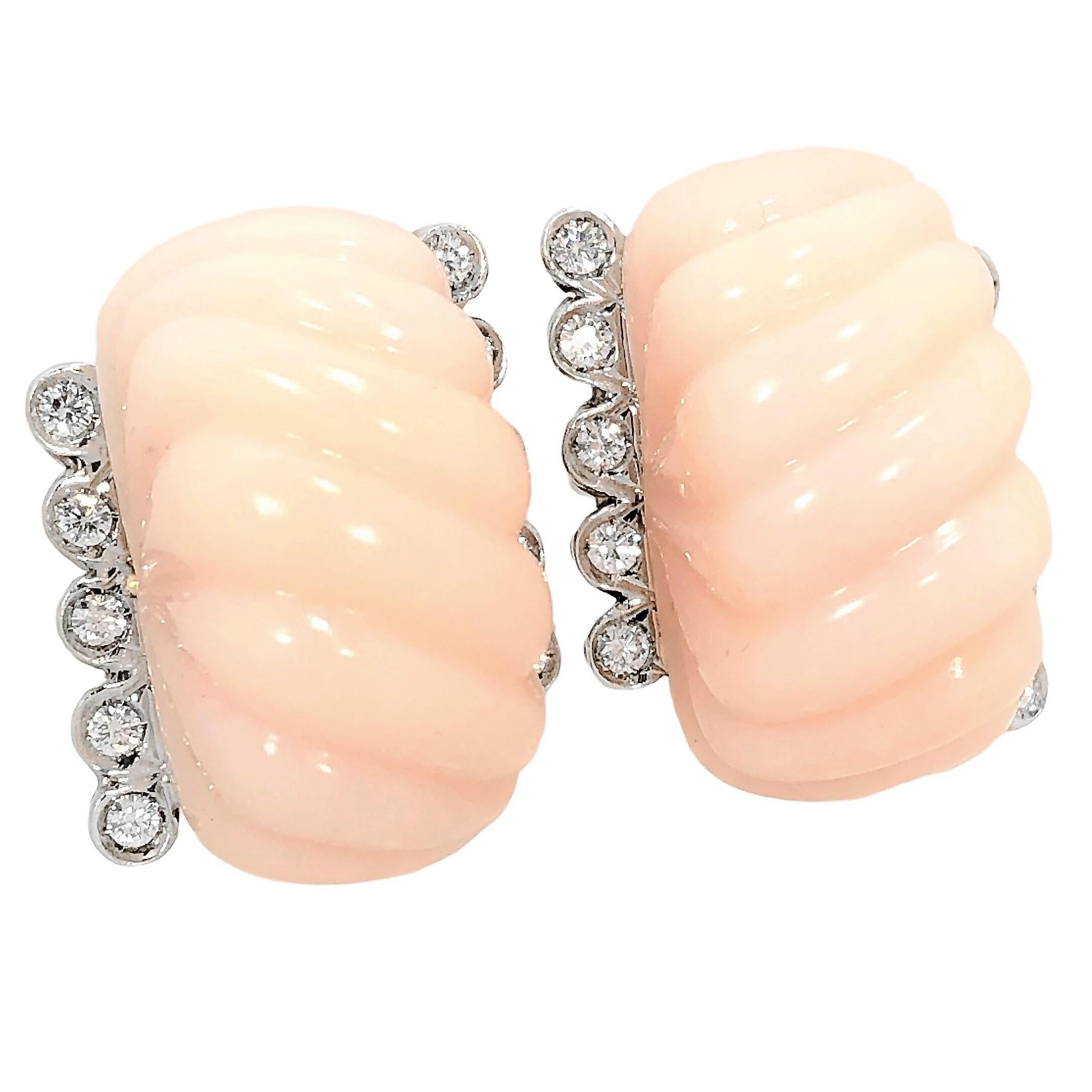 Modern Large Scale 18k Yellow Gold Angel Skin Coral and Diamond Earrings by Emis Beros