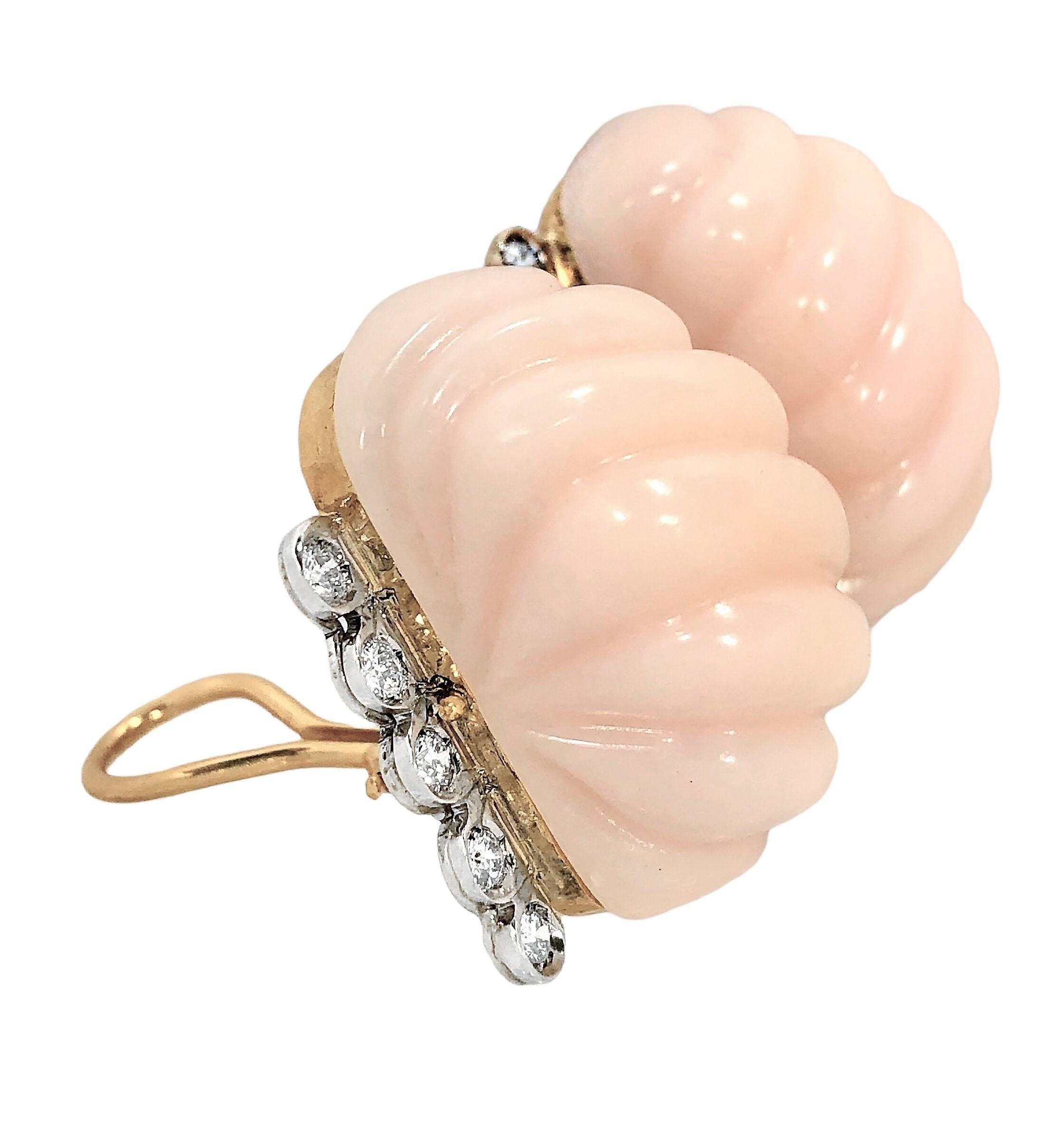 Brilliant Cut Large Scale 18k Yellow Gold Angel Skin Coral and Diamond Earrings by Emis Beros