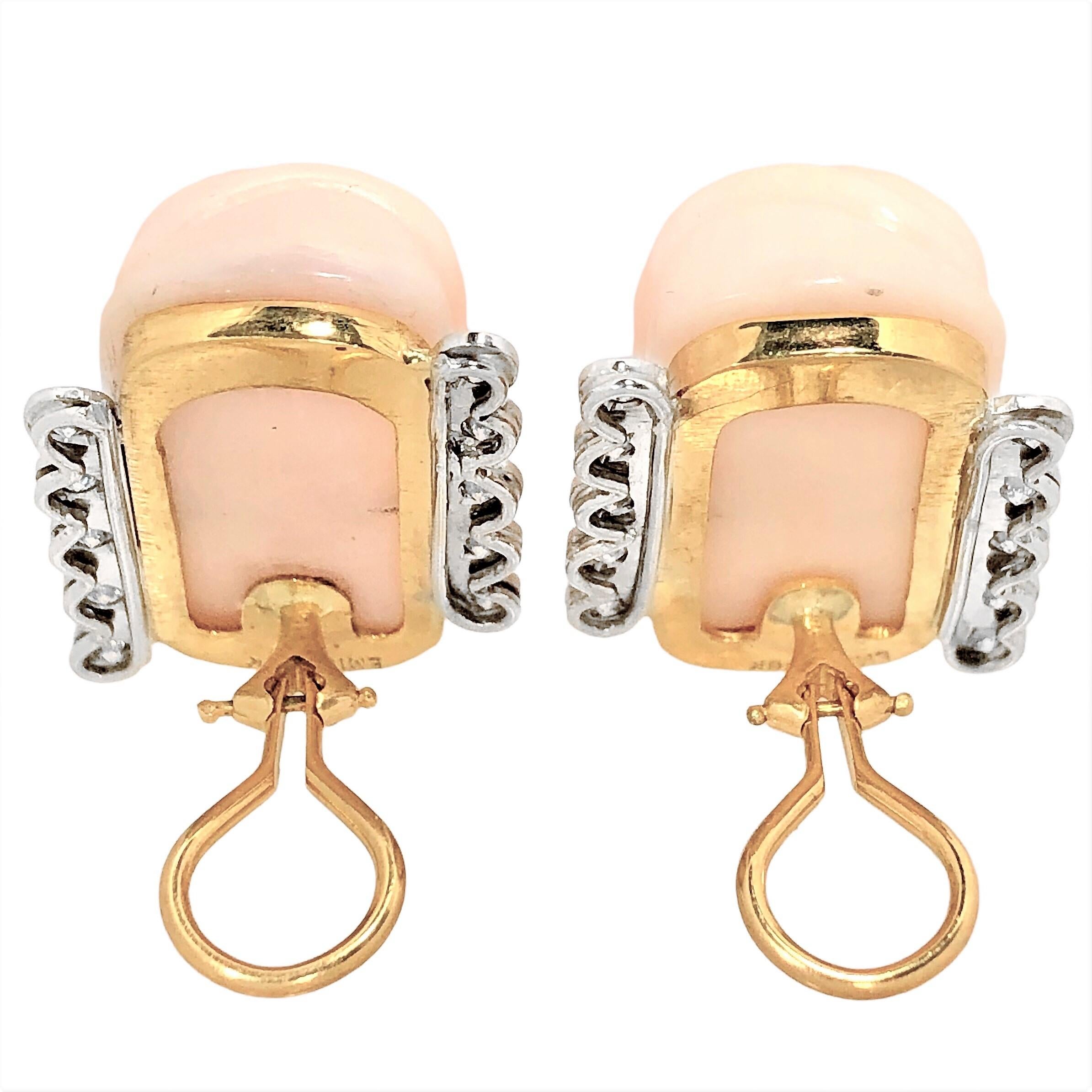 Large Scale 18k Yellow Gold Angel Skin Coral and Diamond Earrings by Emis Beros In Good Condition In Palm Beach, FL