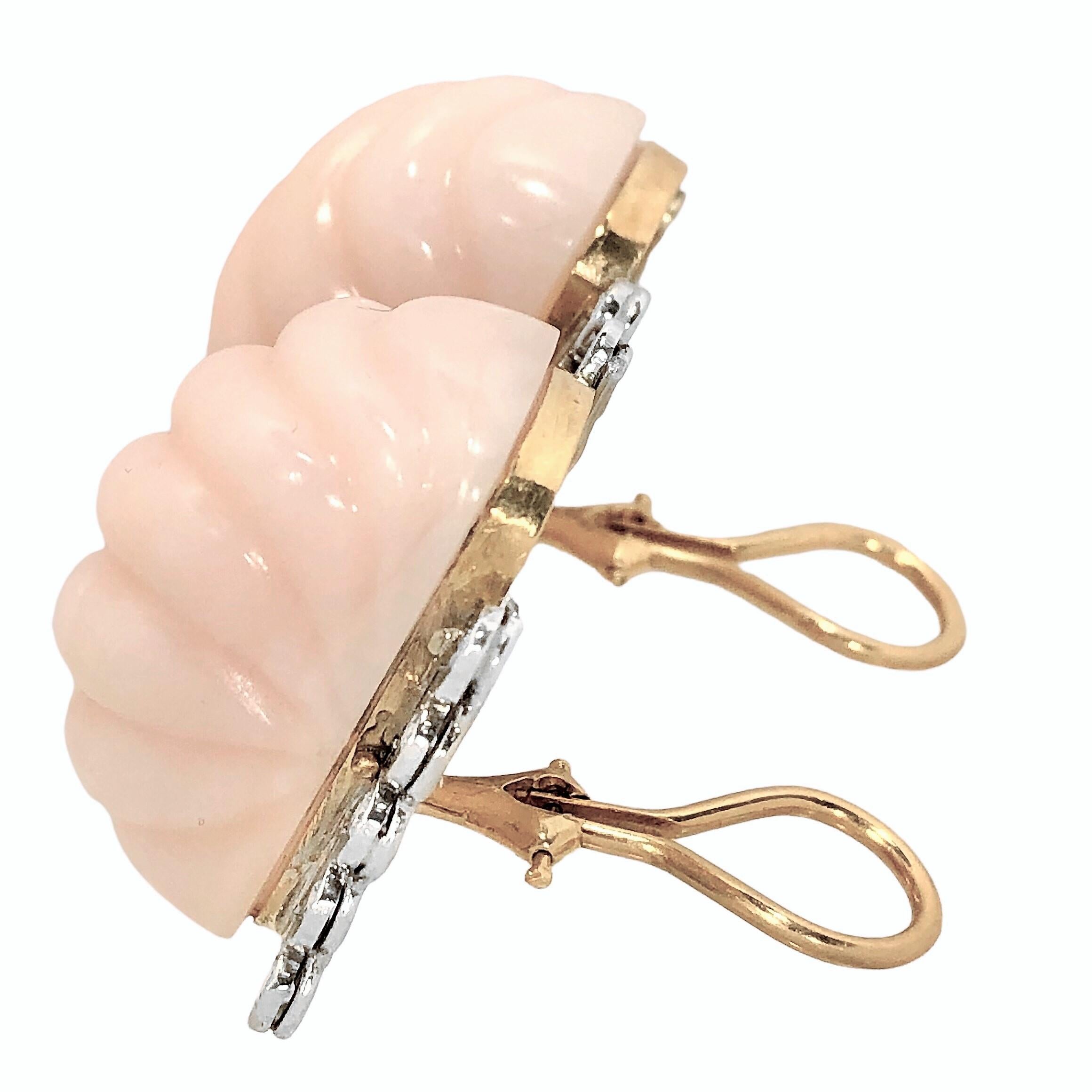 Women's Large Scale 18k Yellow Gold Angel Skin Coral and Diamond Earrings by Emis Beros