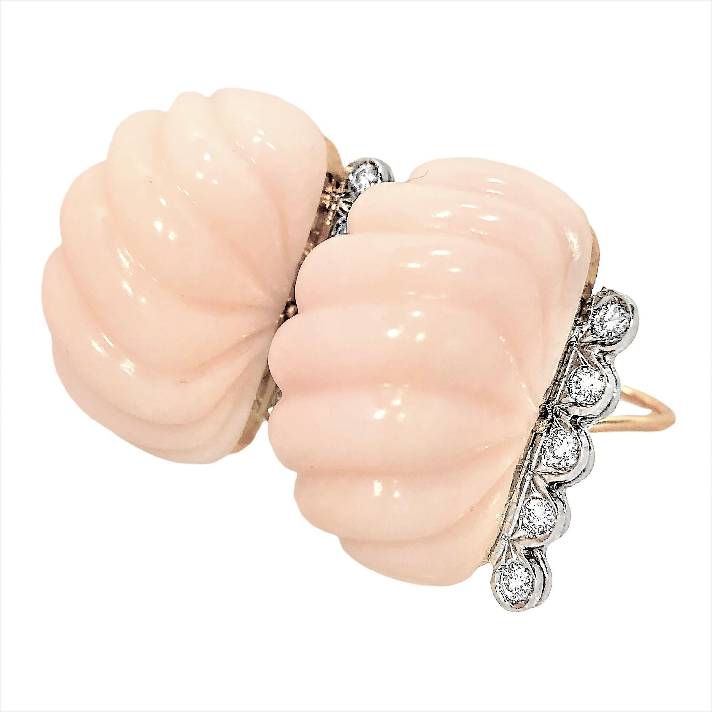 Large Scale 18k Yellow Gold Angel Skin Coral and Diamond Earrings by Emis Beros 1