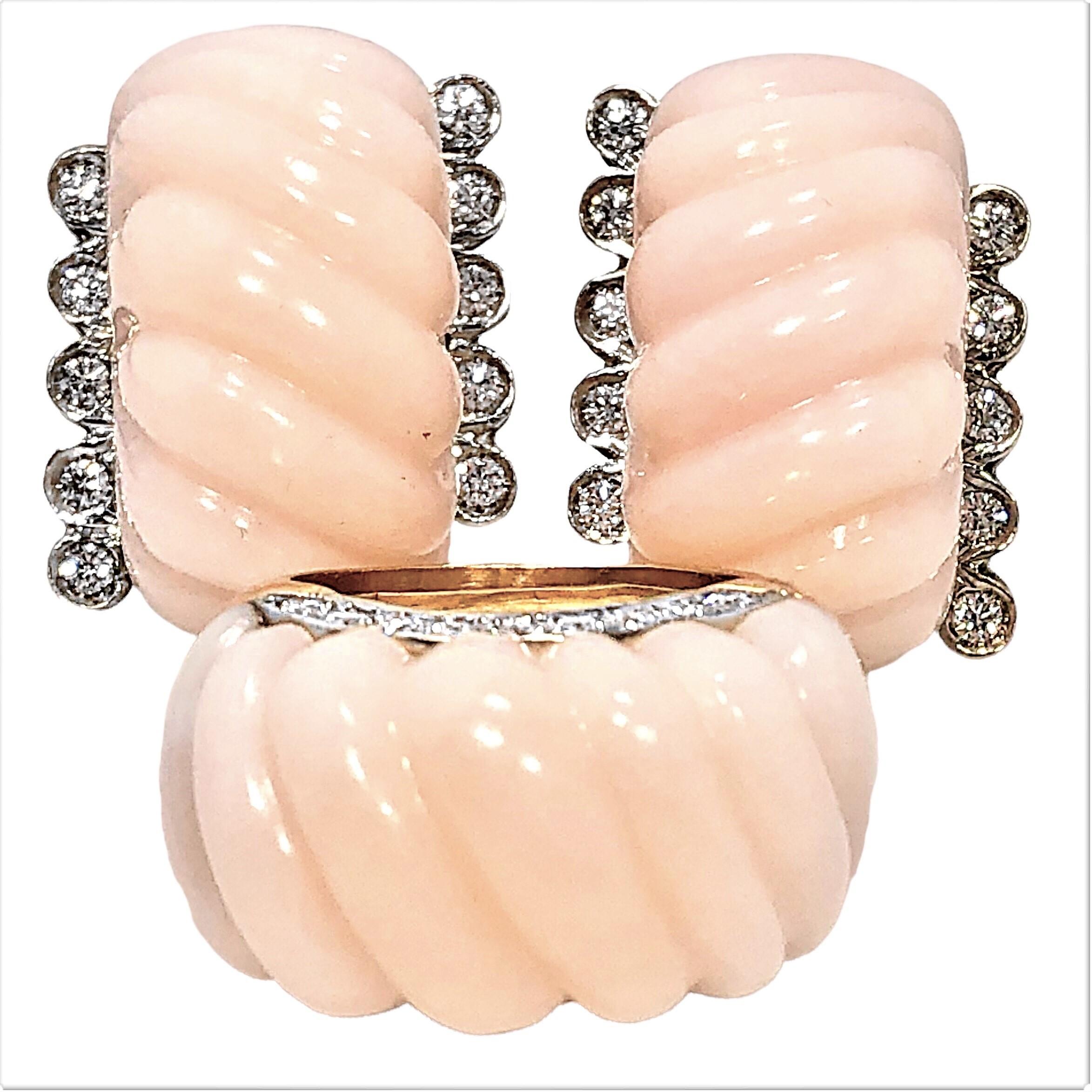 Large Scale 18k Yellow Gold Angel Skin Coral and Diamond Ring by Emis Beros 1