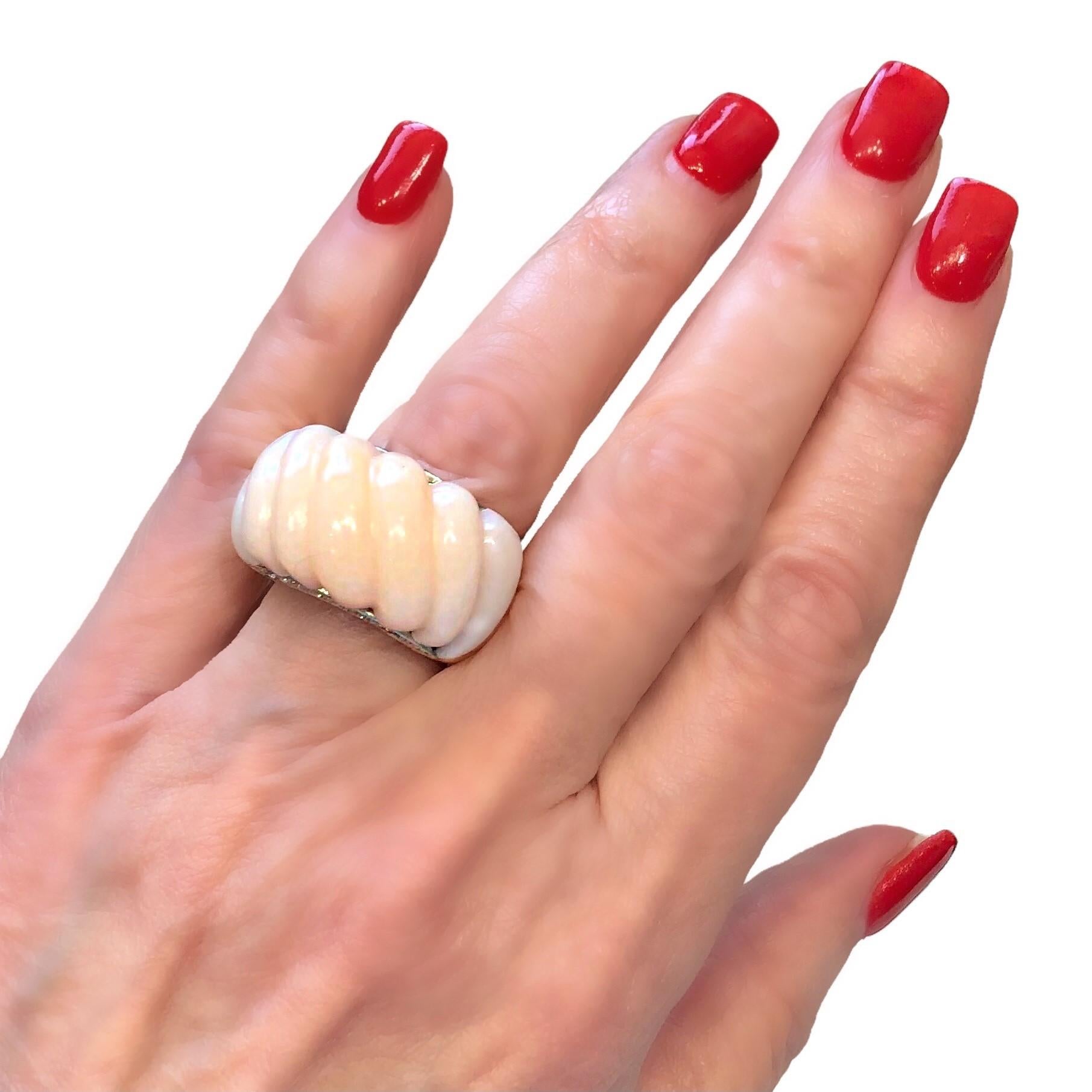 Brilliant Cut Large Scale 18k Yellow Gold Angel Skin Coral and Diamond Ring by Emis Beros