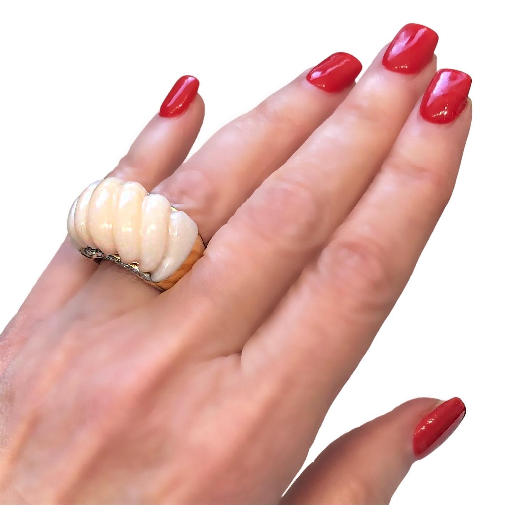 Large Scale 18k Yellow Gold Angel Skin Coral and Diamond Ring by Emis Beros In Good Condition In Palm Beach, FL