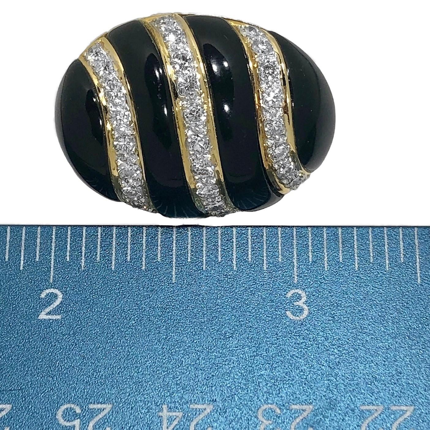 Brilliant Cut Large Scale 18K Yellow Gold, Oval Shaped Onyx Earrings with Diamond Strips For Sale