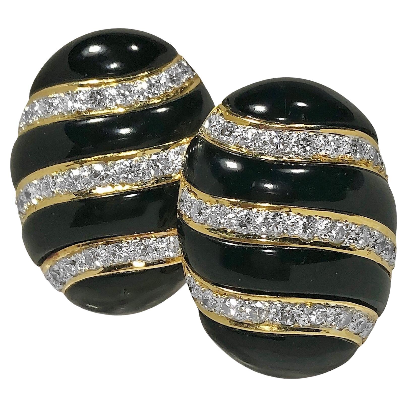 Large Scale 18K Yellow Gold, Oval Shaped Onyx Earrings with Diamond Strips For Sale