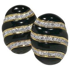 Large Scale 18K Yellow Gold, Oval Shaped Onyx Earrings with Diamond Strips