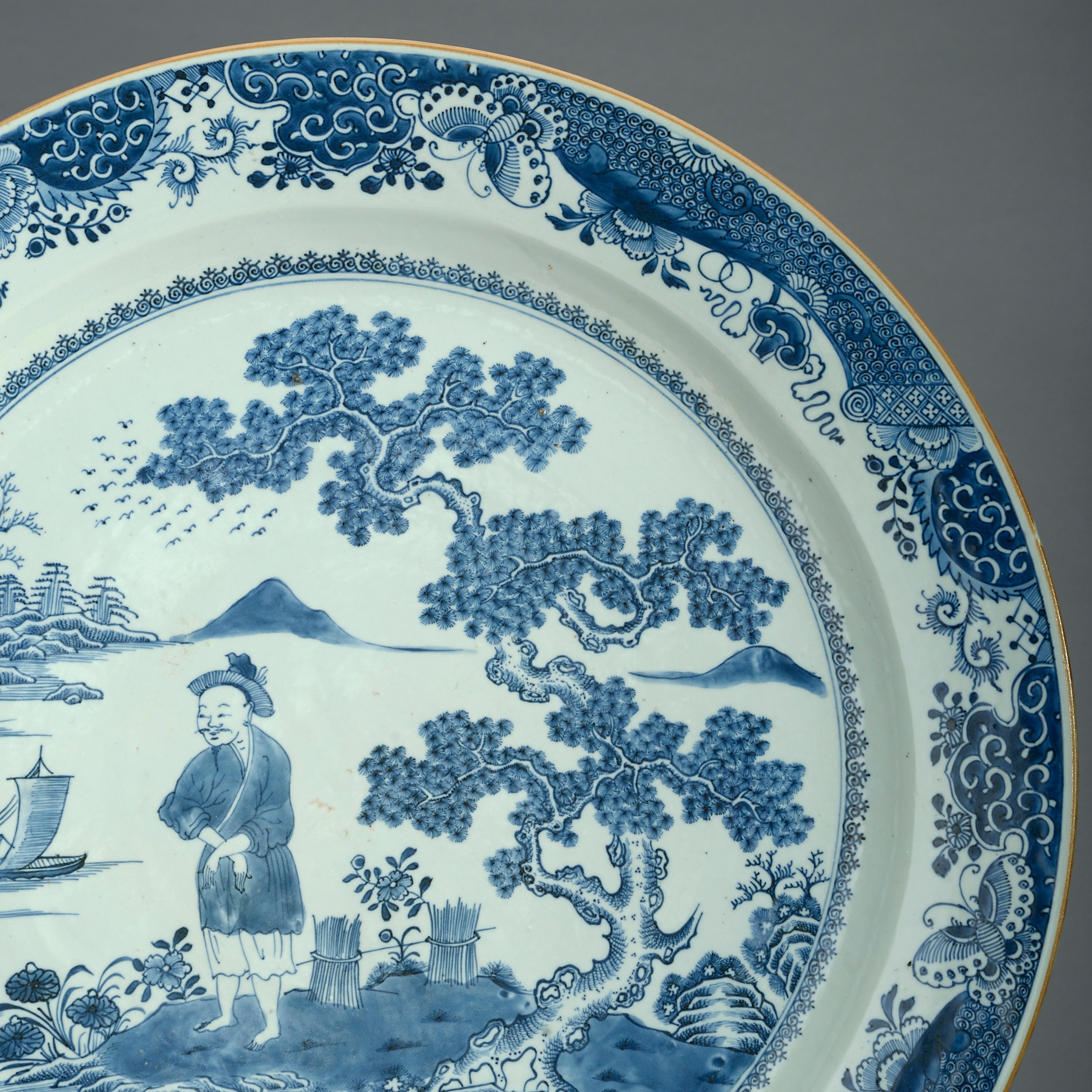 Fired Large Scale 18th Century Chinese Export Blue & White Porcelain Charger