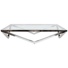 Large Scale 1960s Architectural Form Chrome and Glass Coffee Table