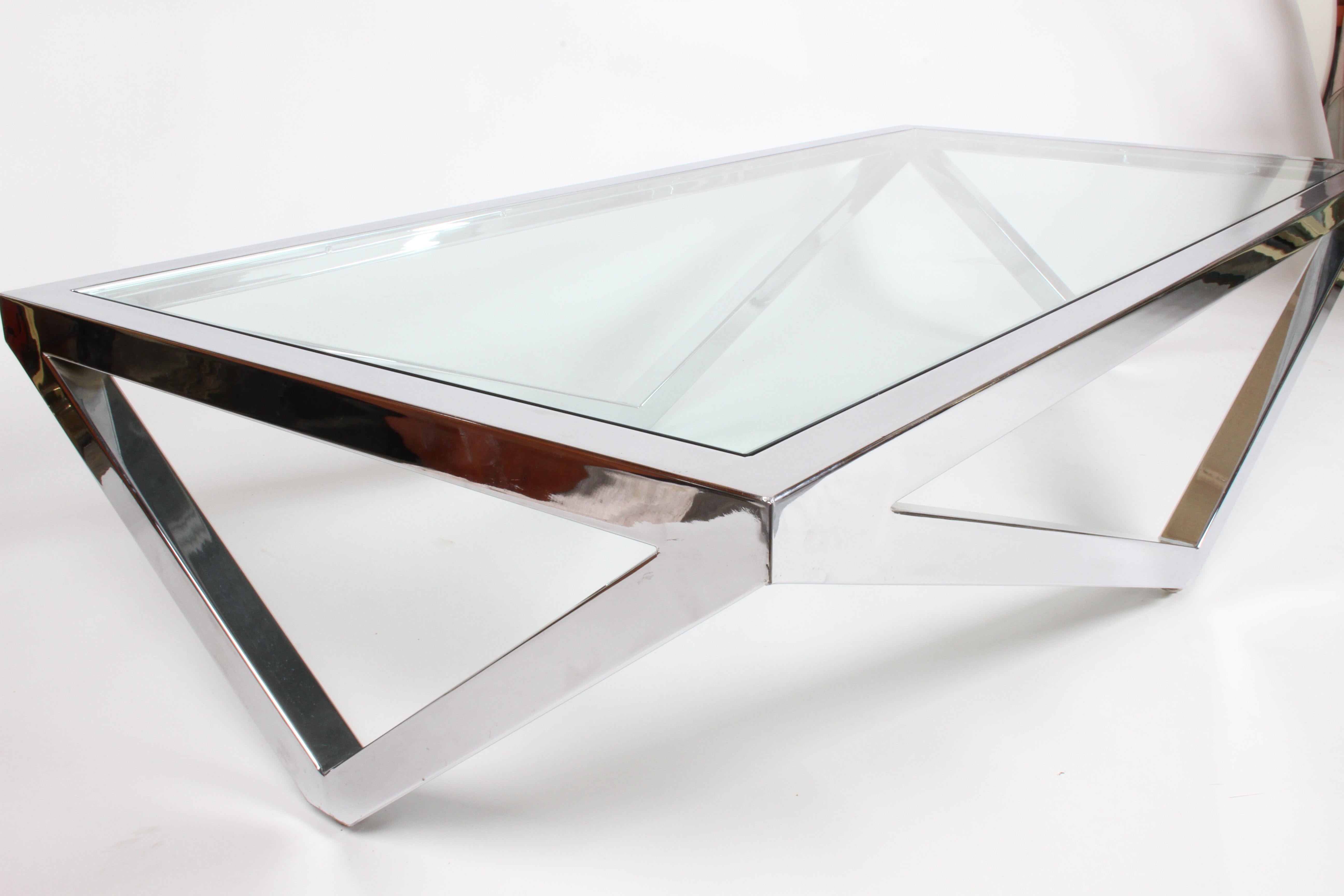American Large Scale 1960s Architectural Form Chrome and Glass Coffee Table For Sale
