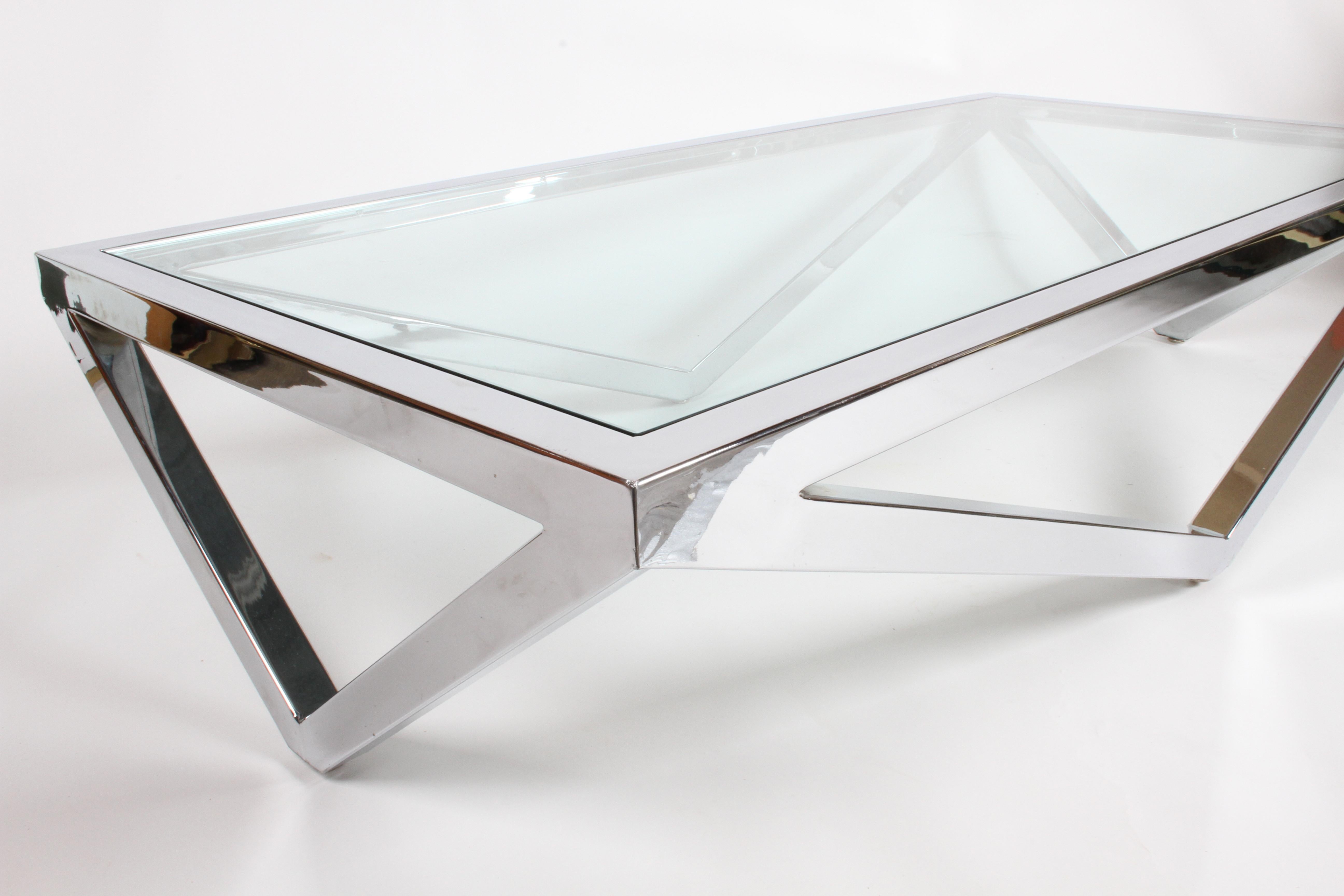 Large Scale 1960s Architectural Form Chrome and Glass Coffee Table In Good Condition For Sale In St. Louis, MO