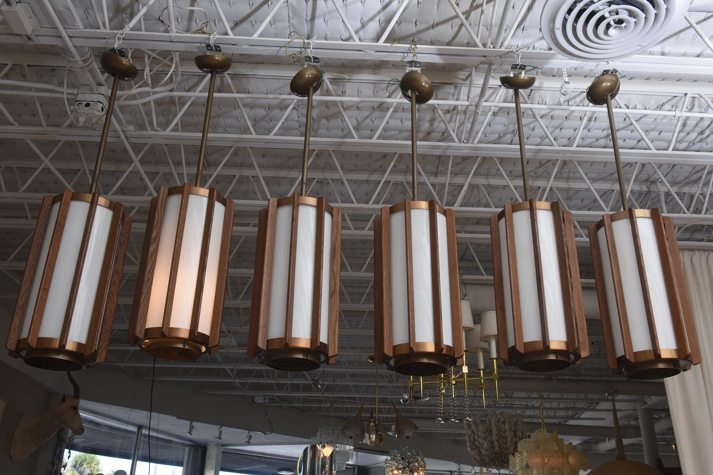 Large-Scale 1960s Walnut and Bronze Ceiling Pendants (Six Available) For Sale 3