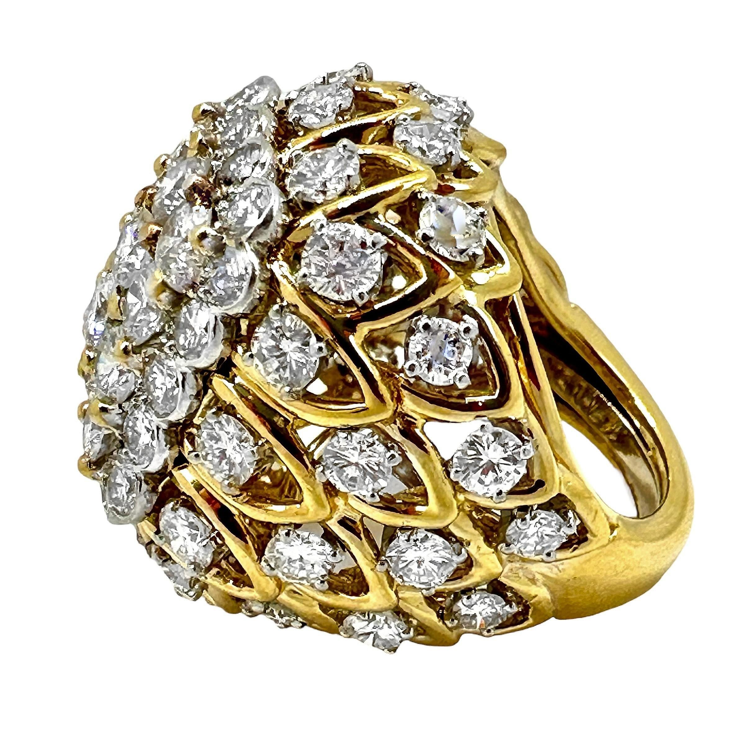 Modern Large Scale 1970s Diamond Platinum and Gold Cocktail Ring 8.5carats Total For Sale