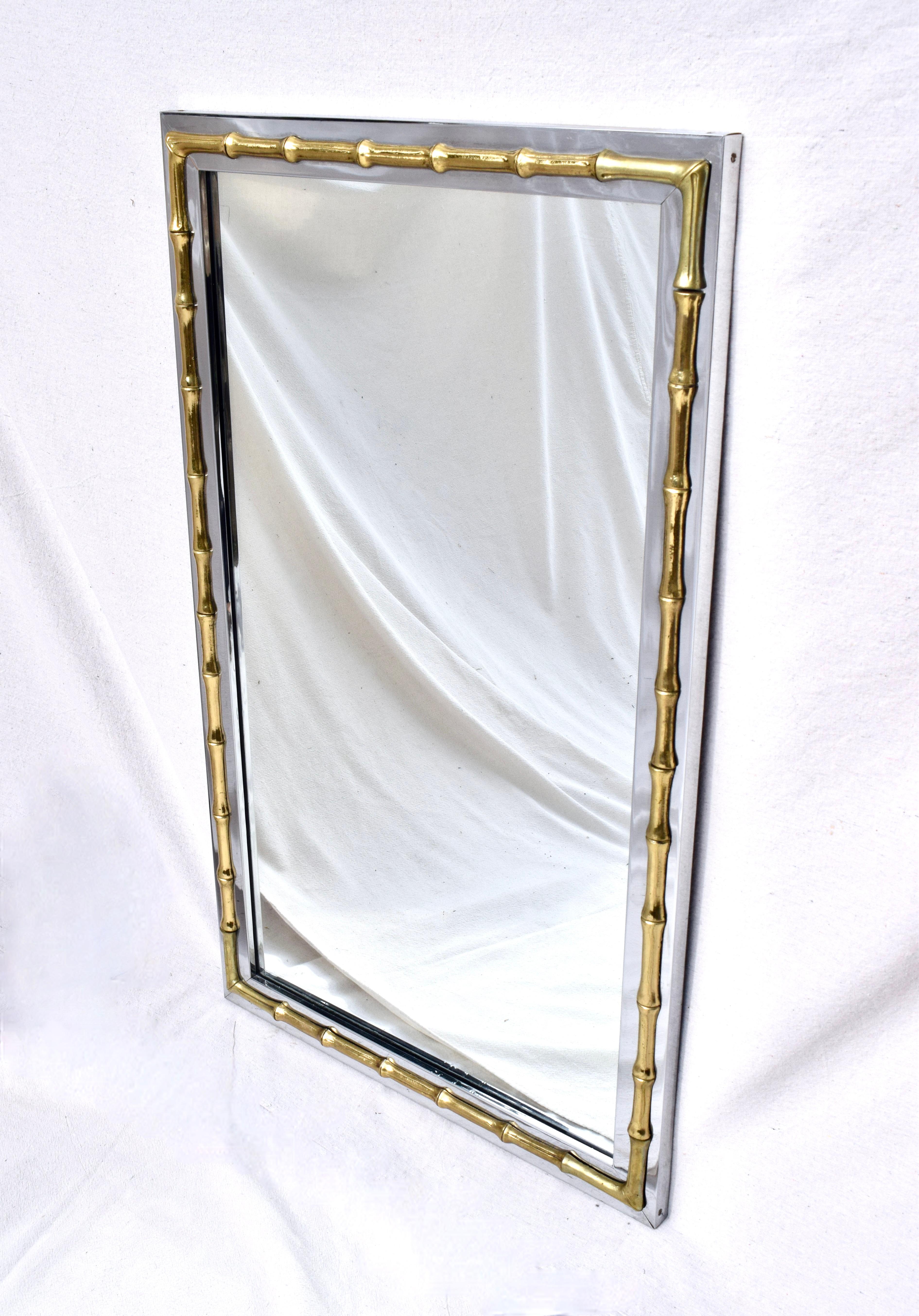 Large Scale 1970's Hollywood Regency Brass Chrome Faux Bamboo Mirror In Good Condition For Sale In Southampton, NJ
