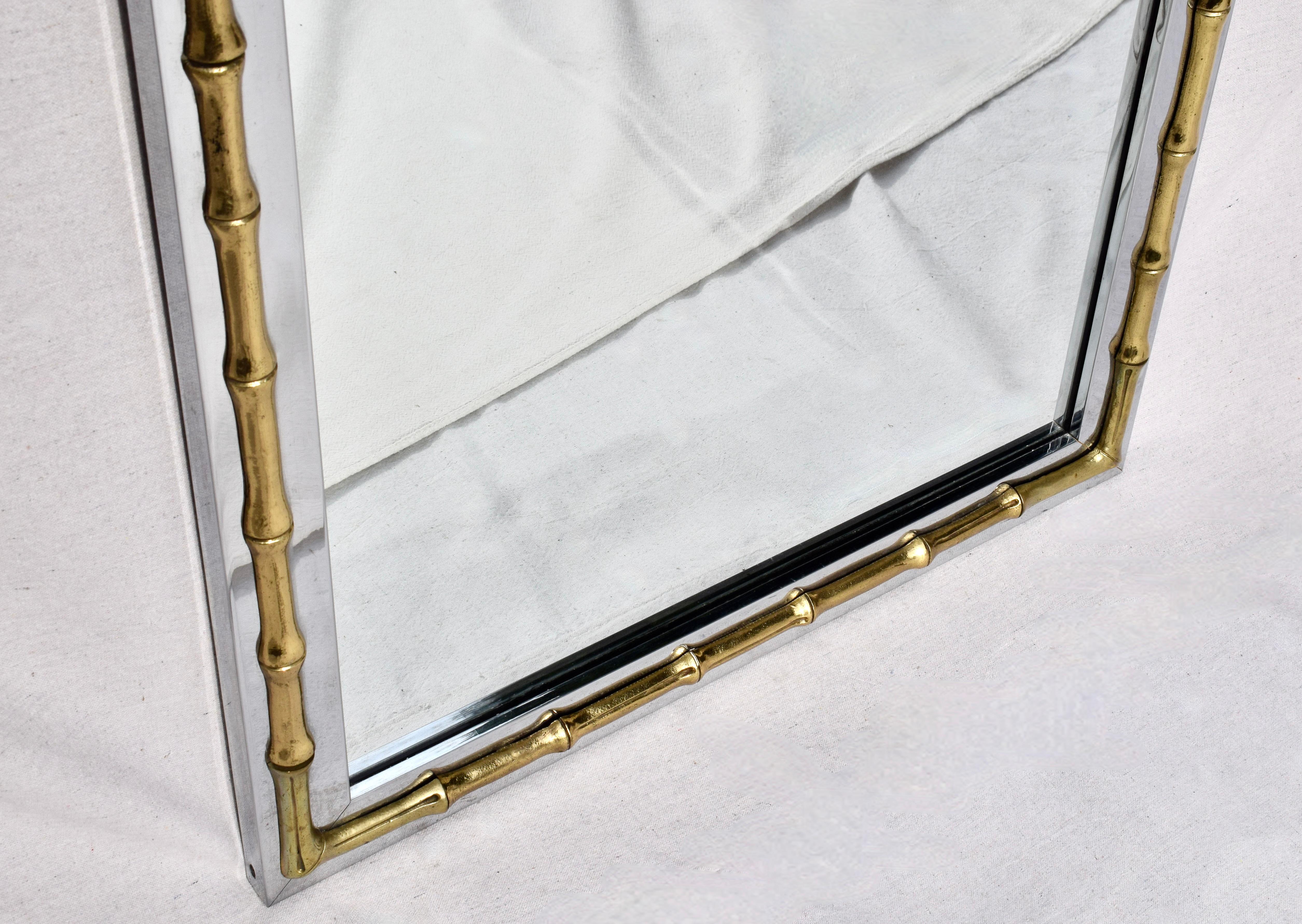 Large Scale 1970's Hollywood Regency Brass Chrome Faux Bamboo Mirror For Sale 1