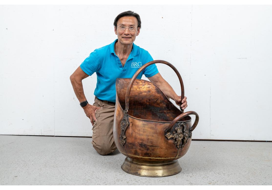 Large Scale 19th C. Copper And Brass Scuttle In Distressed Condition For Sale In Bridgeport, CT