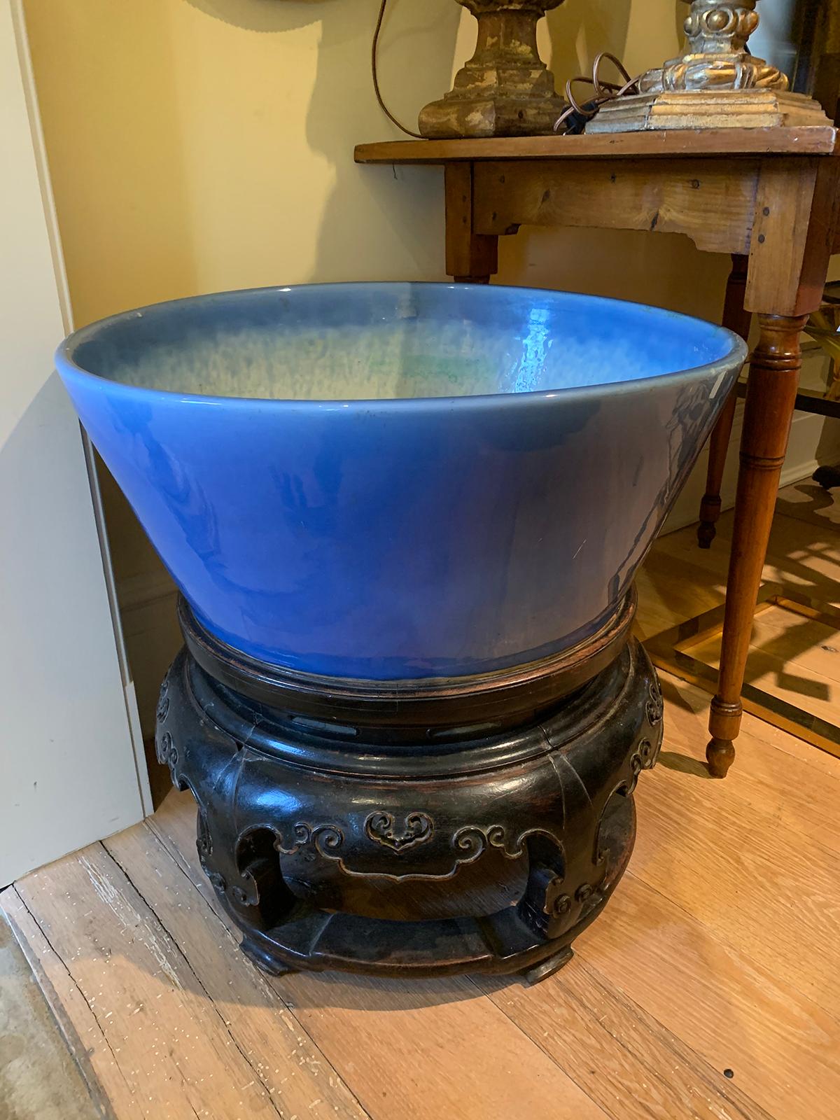 Large Scale 19th Century Chinese Blue Pottery Koi Bowl on Carved Wooden Stand In Good Condition For Sale In Atlanta, GA