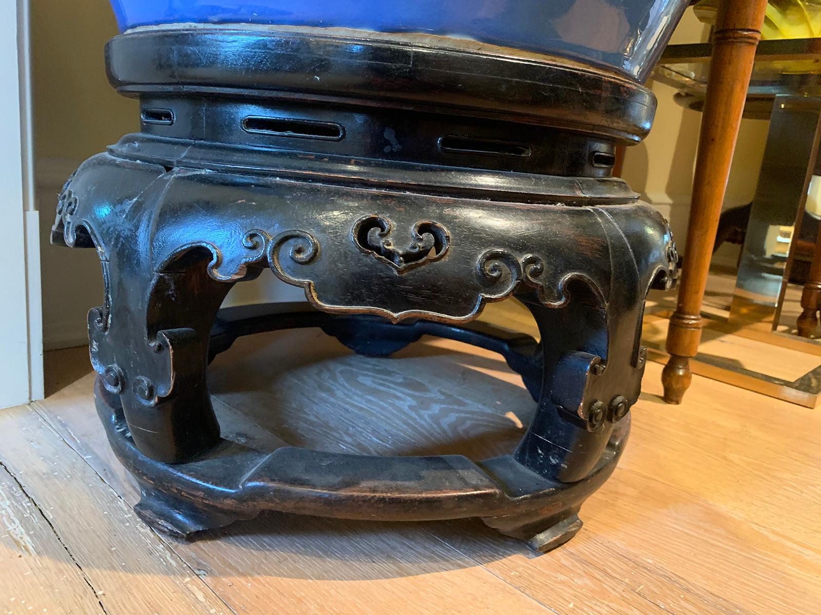 Large Scale 19th Century Chinese Blue Pottery Koi Bowl on Carved Wooden Stand For Sale 4