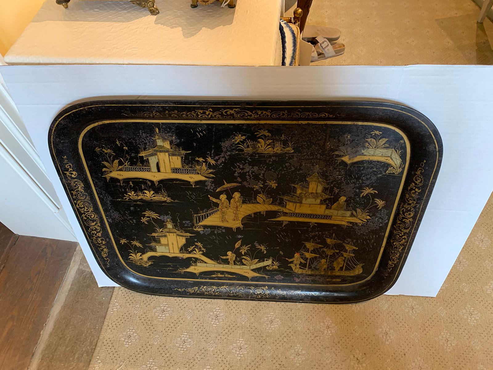 Large Scale 19th Century Chinoiserie Black and Gilt Rectangular Tole Tray For Sale 11