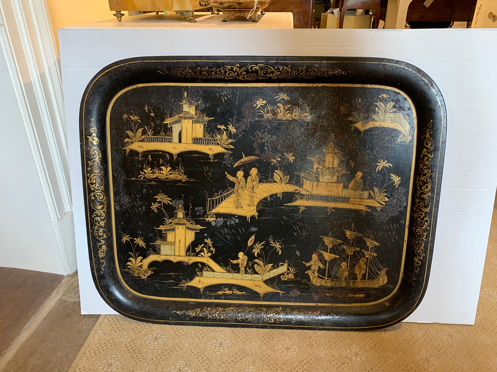 Large scale 19th century chinoiserie black and gilt rectangular tole tray.